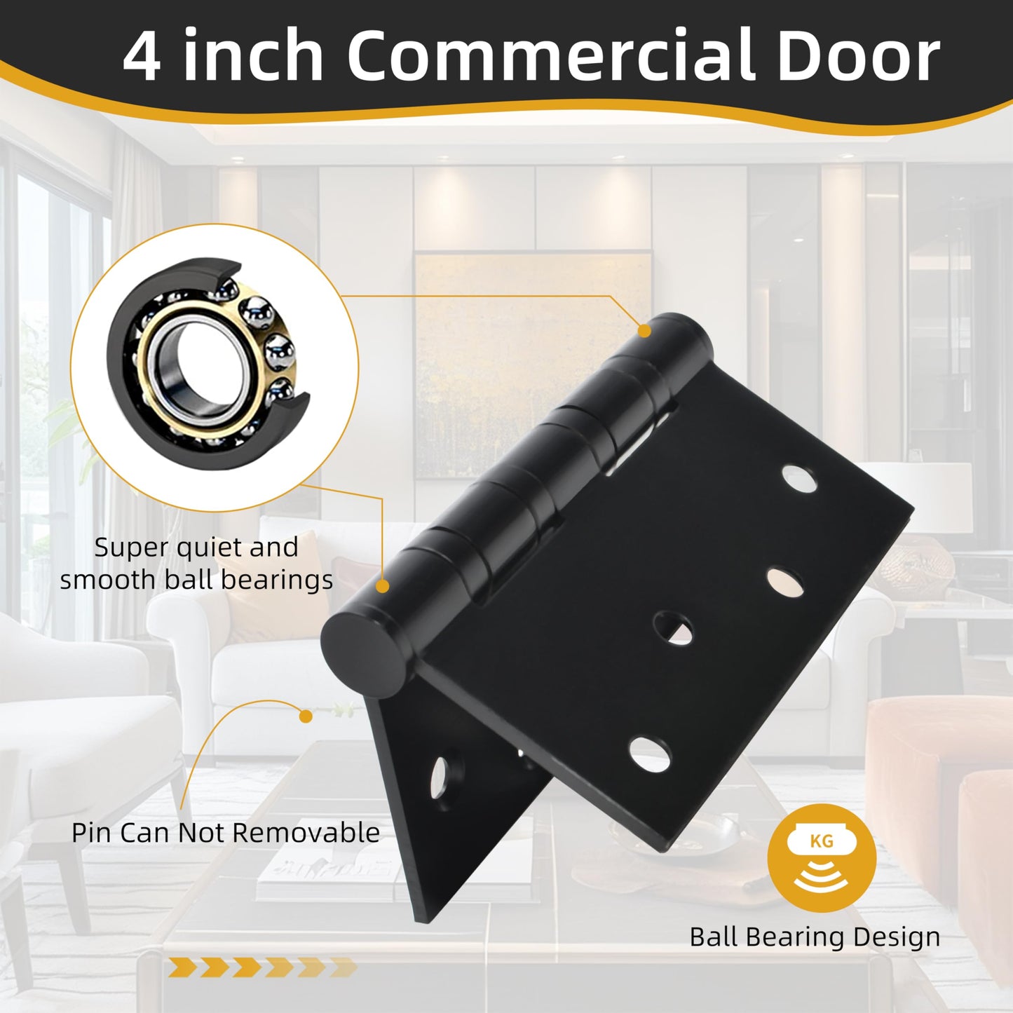 3 Pack 4 inch X 4 inch Heavy Duty Black Door Hinge, Interior & Exterior Door Hinges with Square Corner Ball Bearing, 0.11" Thickness Stainless Steel, with 24 Screws (Matte Black Hinge)