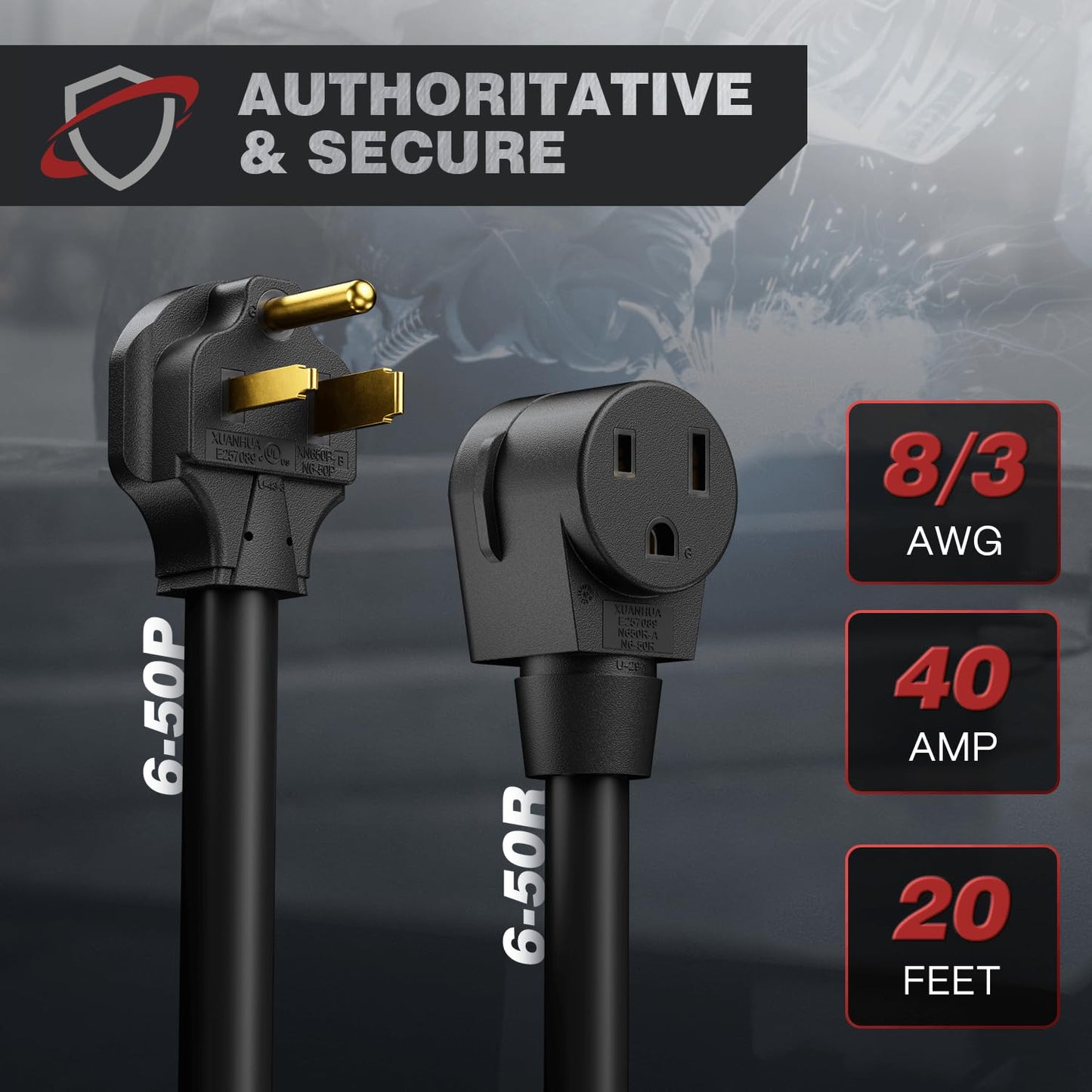 ARCCAPTAIN 40Amp 20ft Welder Extension Cord 8 AWG with Authorized Safety, 250V NEMA 6-50 Heat-Resistant Welding Cord 3 Prong for MIG/TIG/MMA Welder, Plasma Cutter