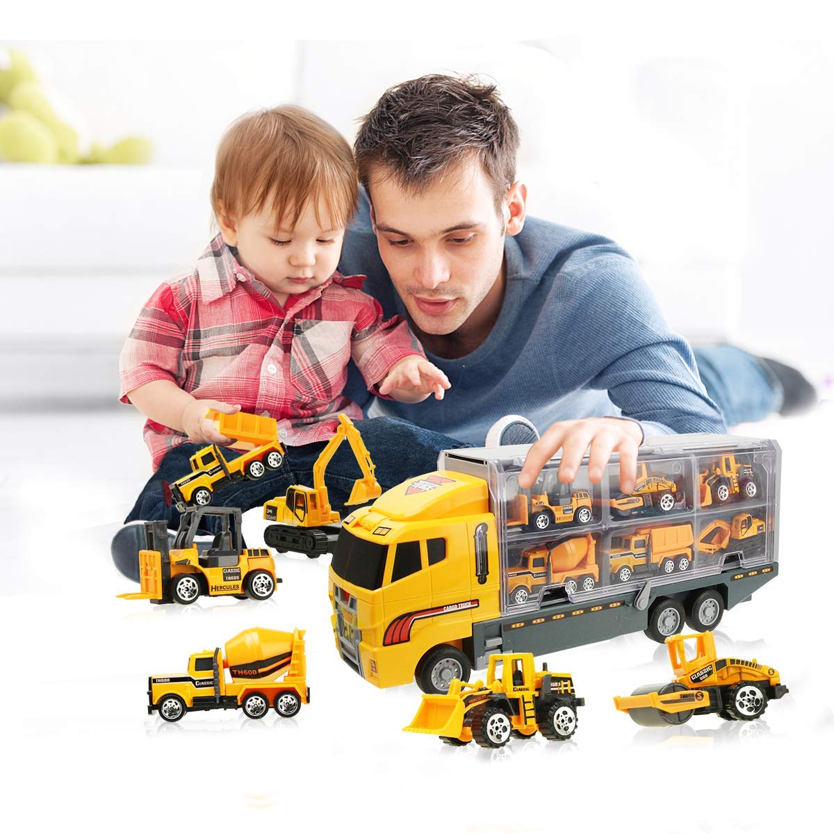 Coolplay 11 in 1 Die-cast Construction Vehicle Mini Engineering Truck Toy Set in Carrier Truck Playset for Boys, Mini Dumper, Bulldozers, Forklift, Tank Truck, Asphalt Car and Excavator for Kids