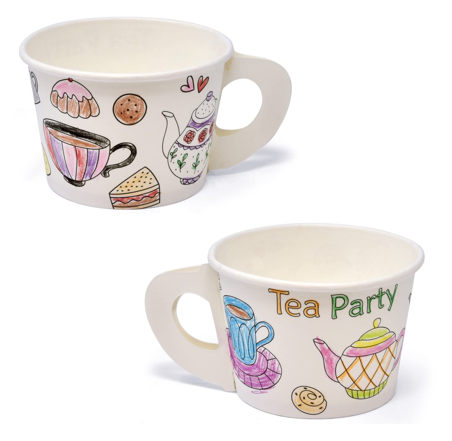 Gift Boutique 48 Count Color Your Own Tea Party Treat Cups with Handle 10oz Disposable Paper Snack Cup Dessert Ice Cream Teacup Bowls Coloring Activity Crafts