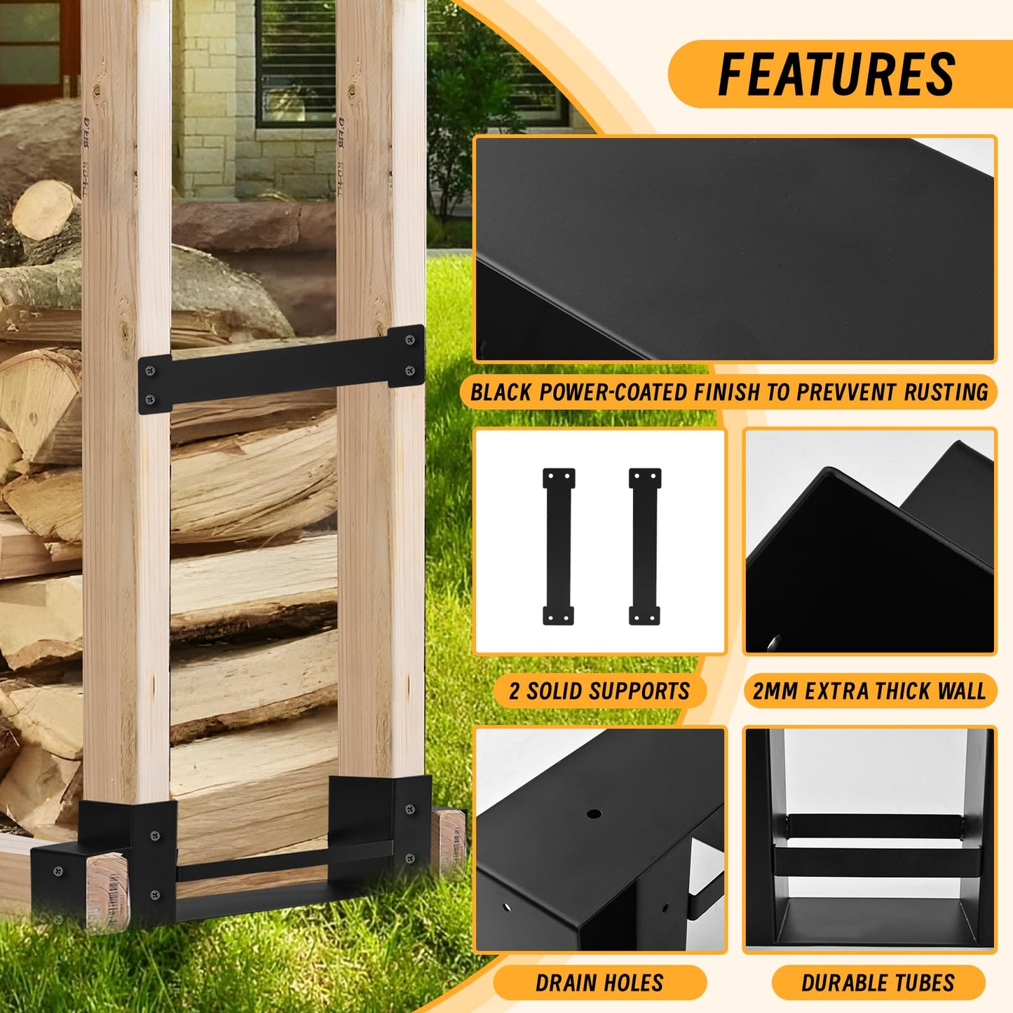 Onlyflame Firewood Rack Brackets Kit - Heavy Duty Steel Log Rack Bracket for Log Holder - Adjustable to Any Length Station Firewood Bracket for Outdoor Indoor Patio Deck Metal Wood Storage with Screws