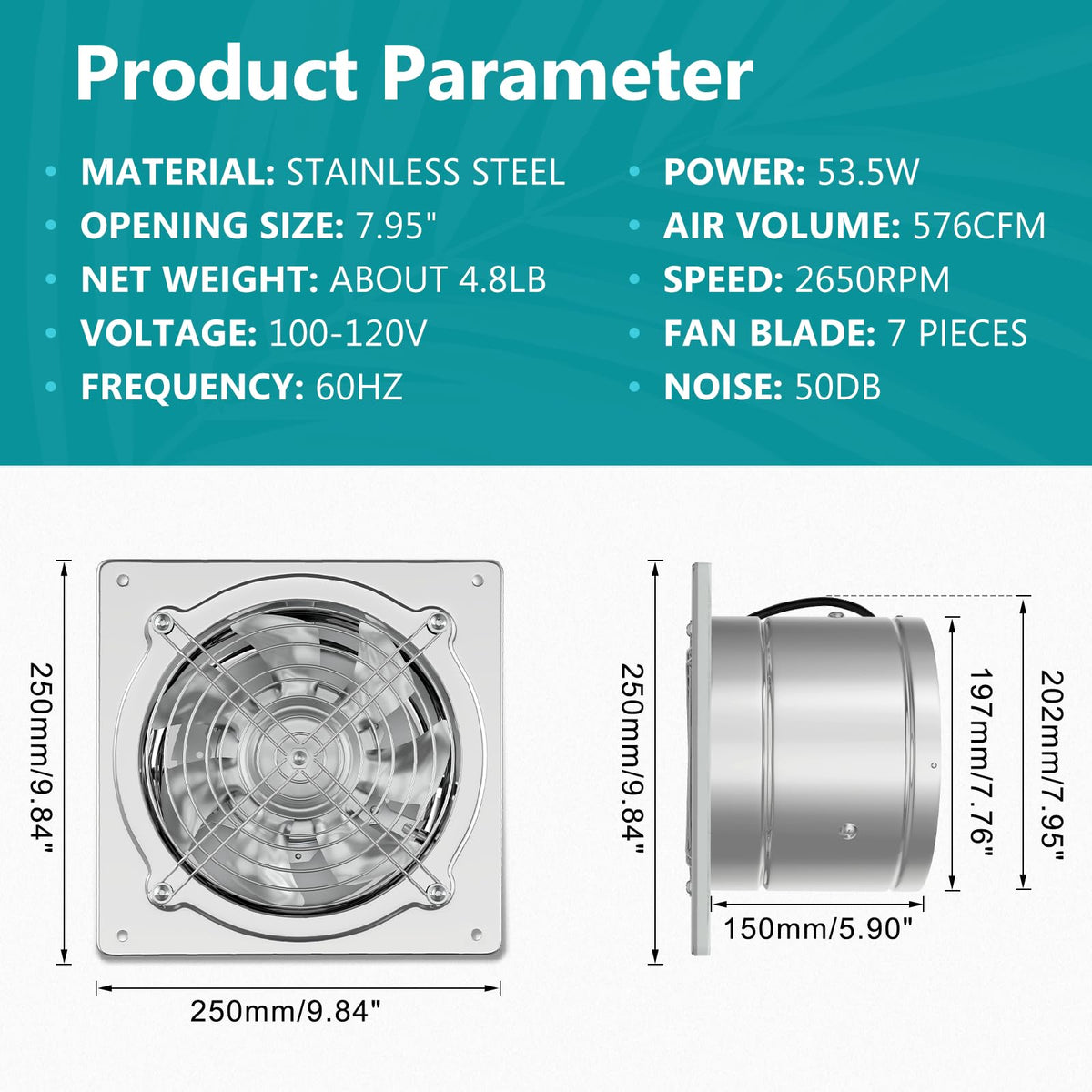HG Power 8 Inch Kitchen Exhaust Fan, 576 CFM Attic Exhaust Fan, Wall Mounted Garage Ventilation Fan, Basement Extractor Fan with Backdraft Damper for Home Office Commercial Use