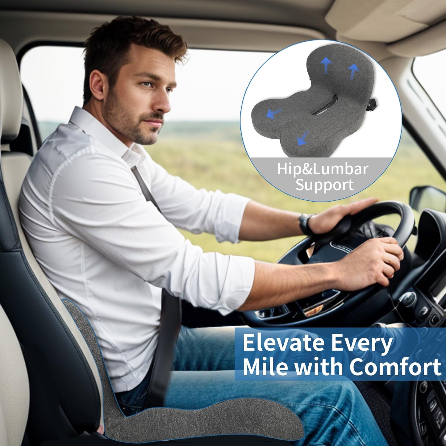 Seat Cushion,Car Seat Cushion with Lumbar Support for Back Pressure Relief,Office Chair Cushion with Adjustable Strap,Sciatica Pad Cushions for Car,Truck, Desk,Gaming Chair