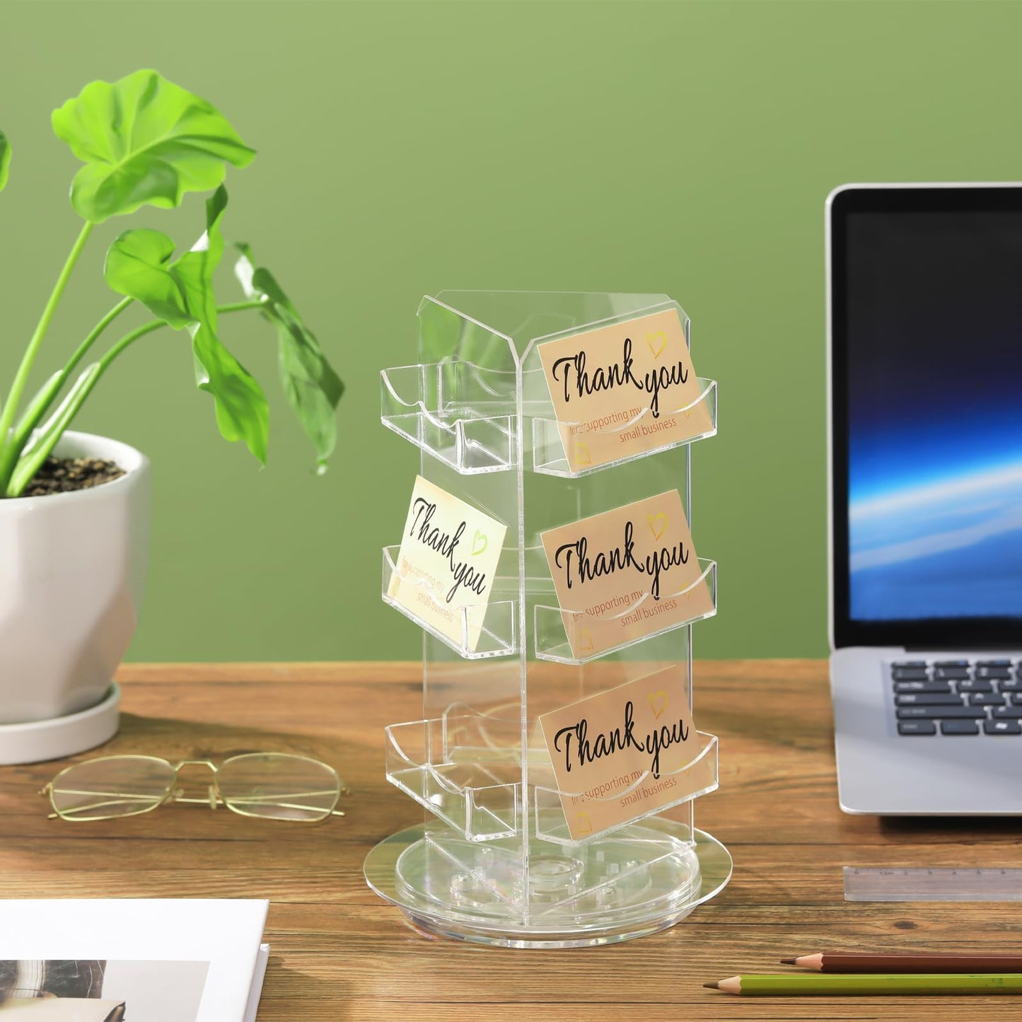 Spiareal Spinning Clear Business Card Holder 3.5" x 2" Acrylic Sticker Display Stand Appointment Cards Rotating Stand 3 Tier Brochure Display Holder for Tabletop Office Home Desk(5.9 x 9.8 Inch)