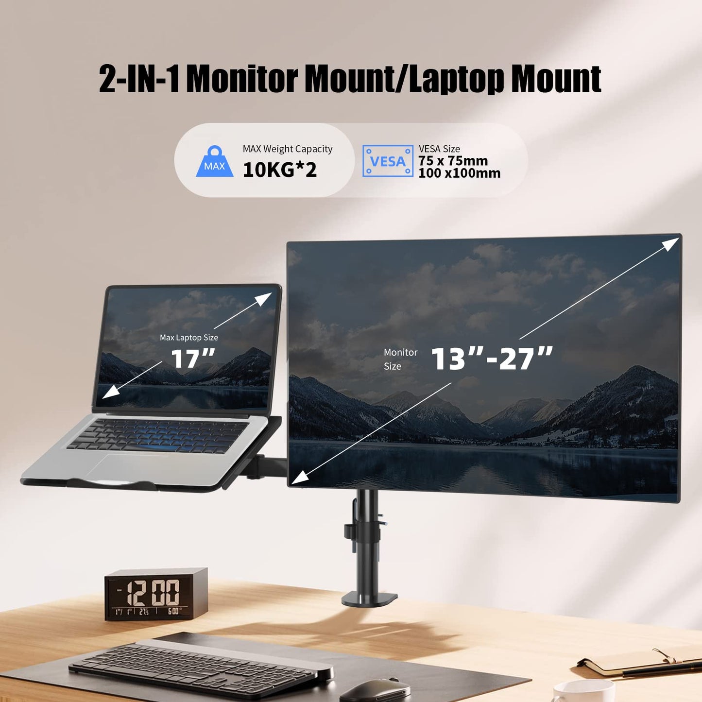 Suptek Full Motion Computer Monitor and Laptop Riser Desk Mount Stand, Height Adjustable (400mm), Fits 13-27" Screen and up to 17" Notebooks, VESA 75/100, up to 22lbs for Each (MD6432TP004)