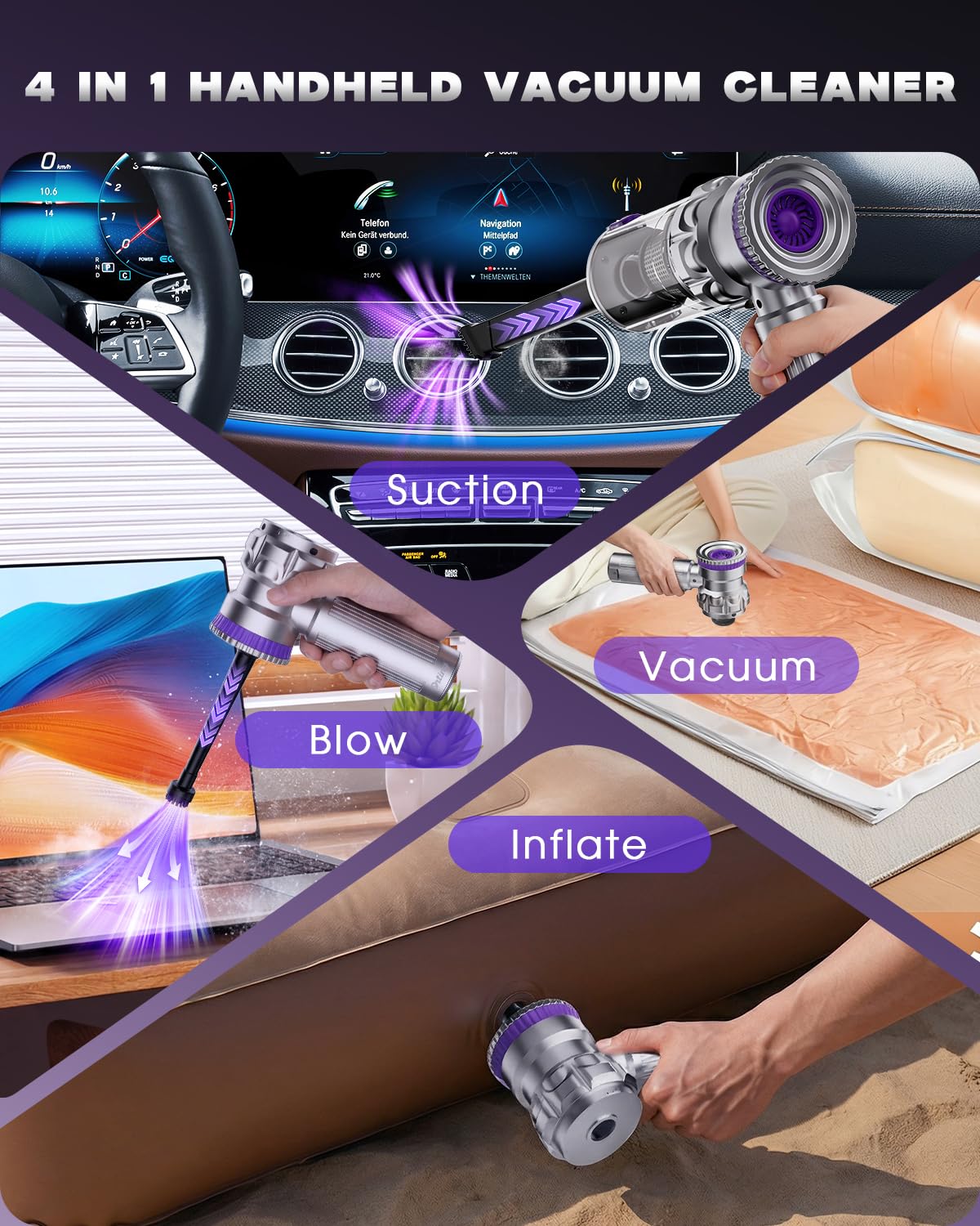 Handheld Car Vacuum Cleaner Portable Cordless Powerful 28000PA Strong Suction 4 in 1 Mini Rechargeable Lightweight Hand Held Car Vacuum with Brushless motor for Cars Home Pet Gift for women men Purple