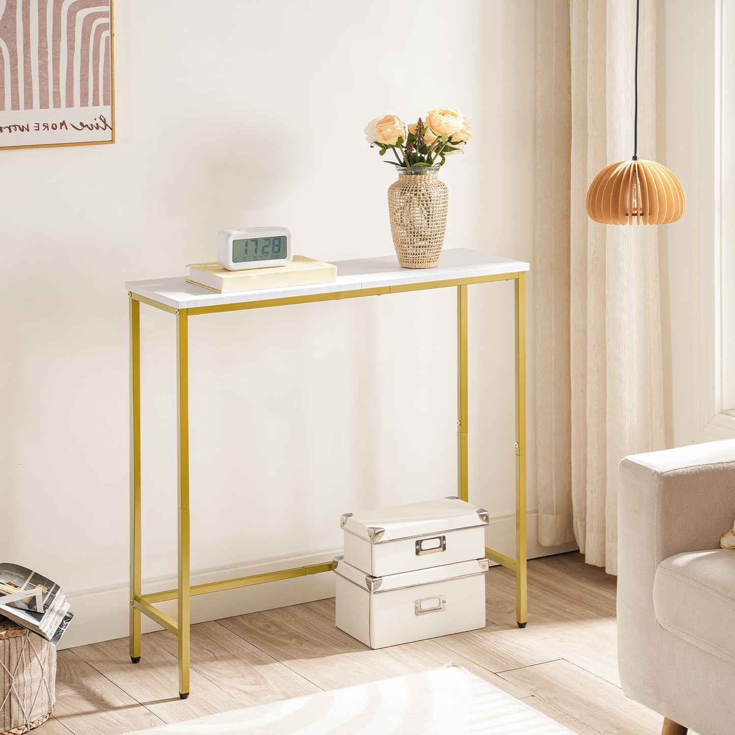 HOOBRO Narrow Console Table, 29.5" Small Entryway Table, Thin Sofa Table, Side Table, Display Table, for Hallway, Bedroom, Living Room, Foyer, White and Gold DW75XG01