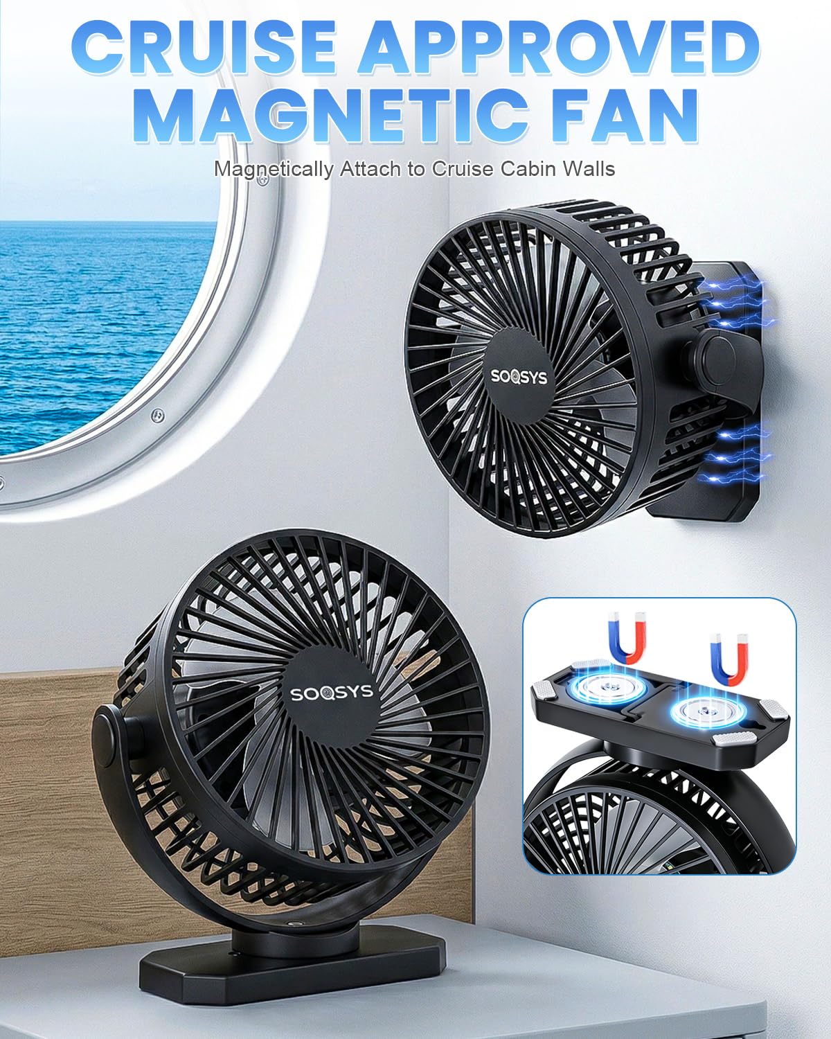 SOQSYS Cruise Approved Magnetic Fan with 12000mAh Rechargeable Battery, Cruise Fan with 3 Speeds, Timer, Led Lights, Power Output & Bottom Hook, Portable Fans for Camping Travel Cruise Essentials