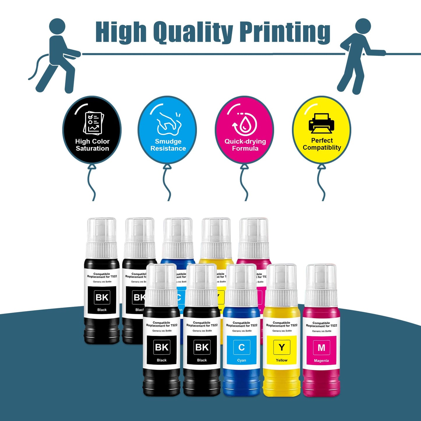 Compatible T522 Ink Refill Bottles Combo Pack Replacement Work with ET-2720 ET-4700 ET-2803 ET-2800 ET-4800 ET-2400 ET-2840 ET-4810 Printers (10-Pack, 4 Black / 6 Color)