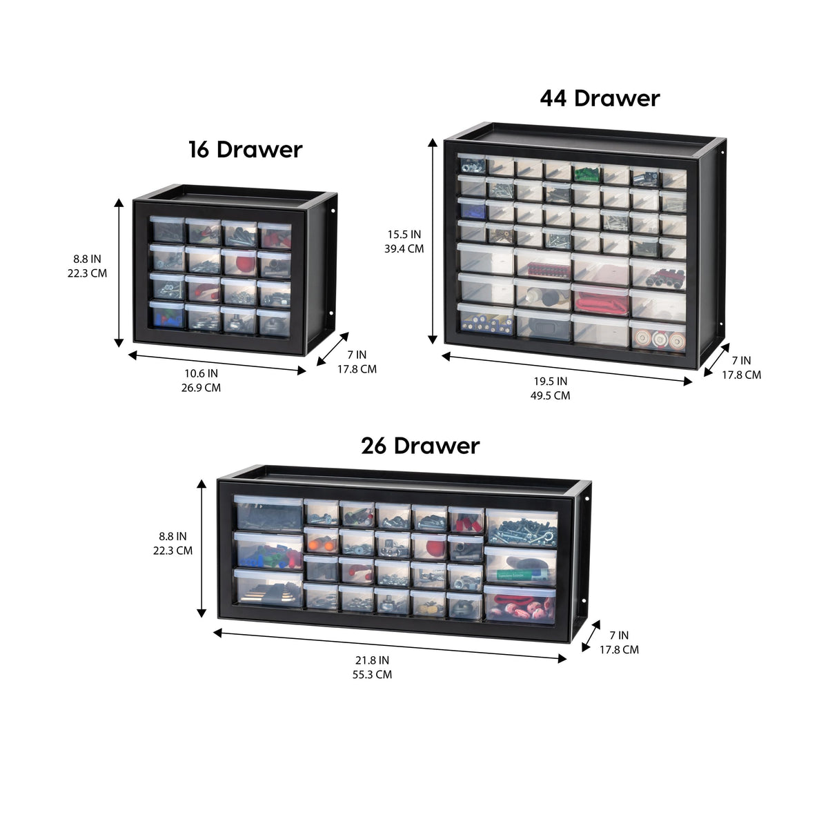 IRIS USA 26 Drawer Parts Organizer Cabinet, Hardware Storage Organizer with Wall Mount Option, Plastic Storage Drawers for Screws, Crafts, Beads, Tools, Nuts & Bolts, Black