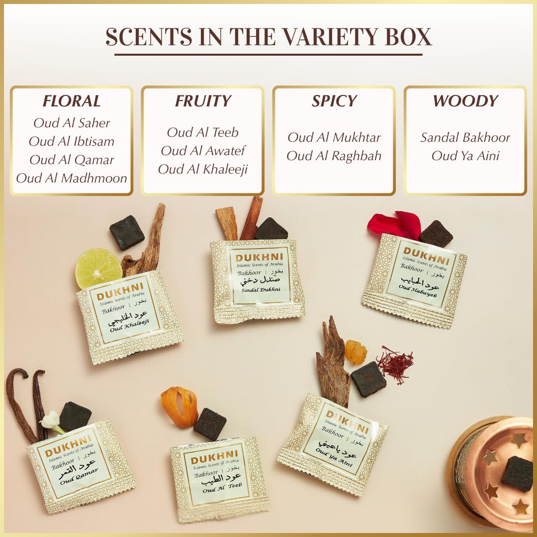 Oud Bakhoor Variety Box & Burner by Dukhni | Arabian Oudh Incense Set with Candle Incense Burner| 20 pcs Arabic bukhoor Incense Bricks, 10 Mixed scents | Islamic, Eid & Ramadan Gifts | Home Fragrance