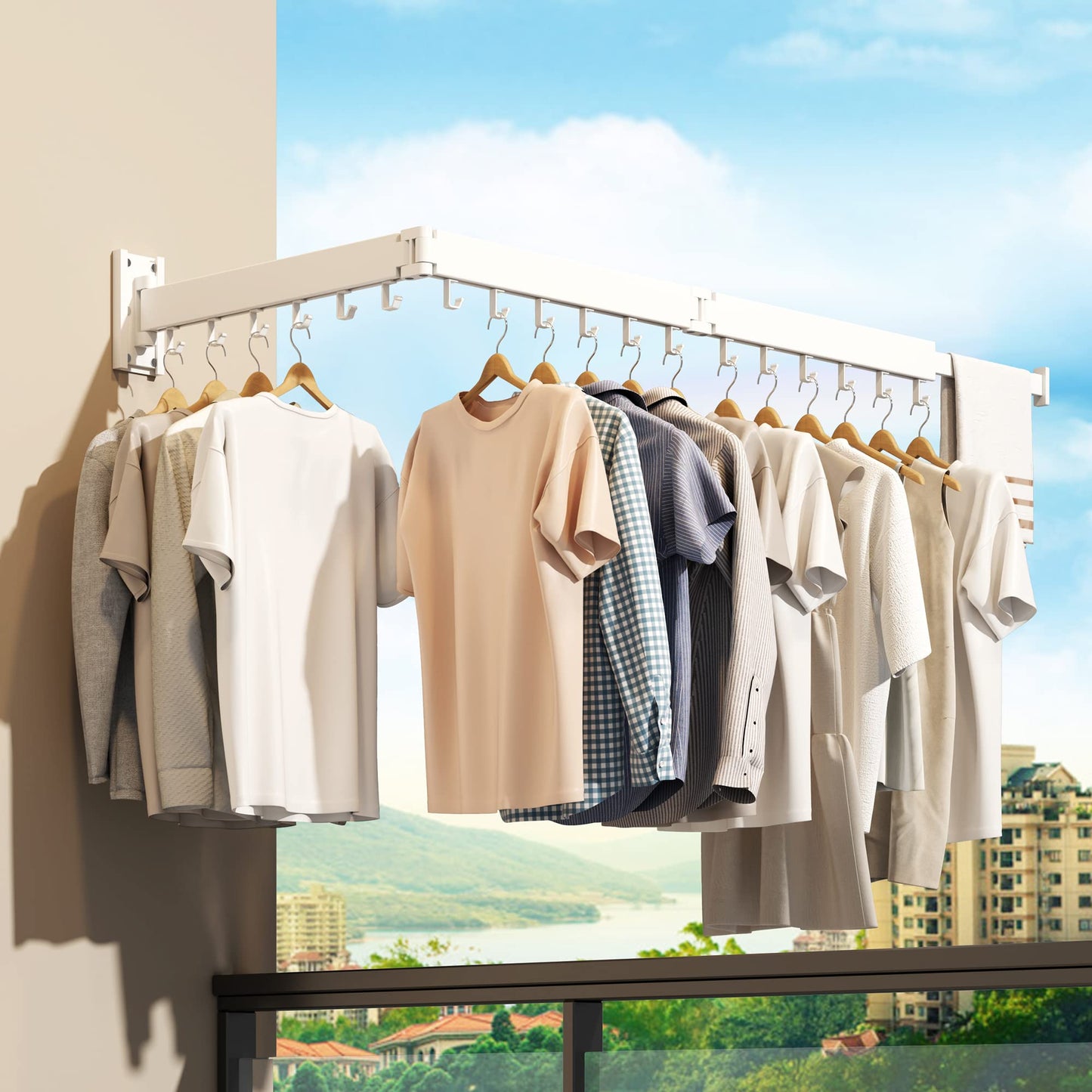 Clothes Drying Rack,Wall Mounted Drying Rack,Drying Rack Clothing,Laundry Drying Rack,Clothes Hanging Rack,Laundry Rack Wall Mount,Retractable,Collapsible Drying Rack Clothing (J Shape Hooks，White