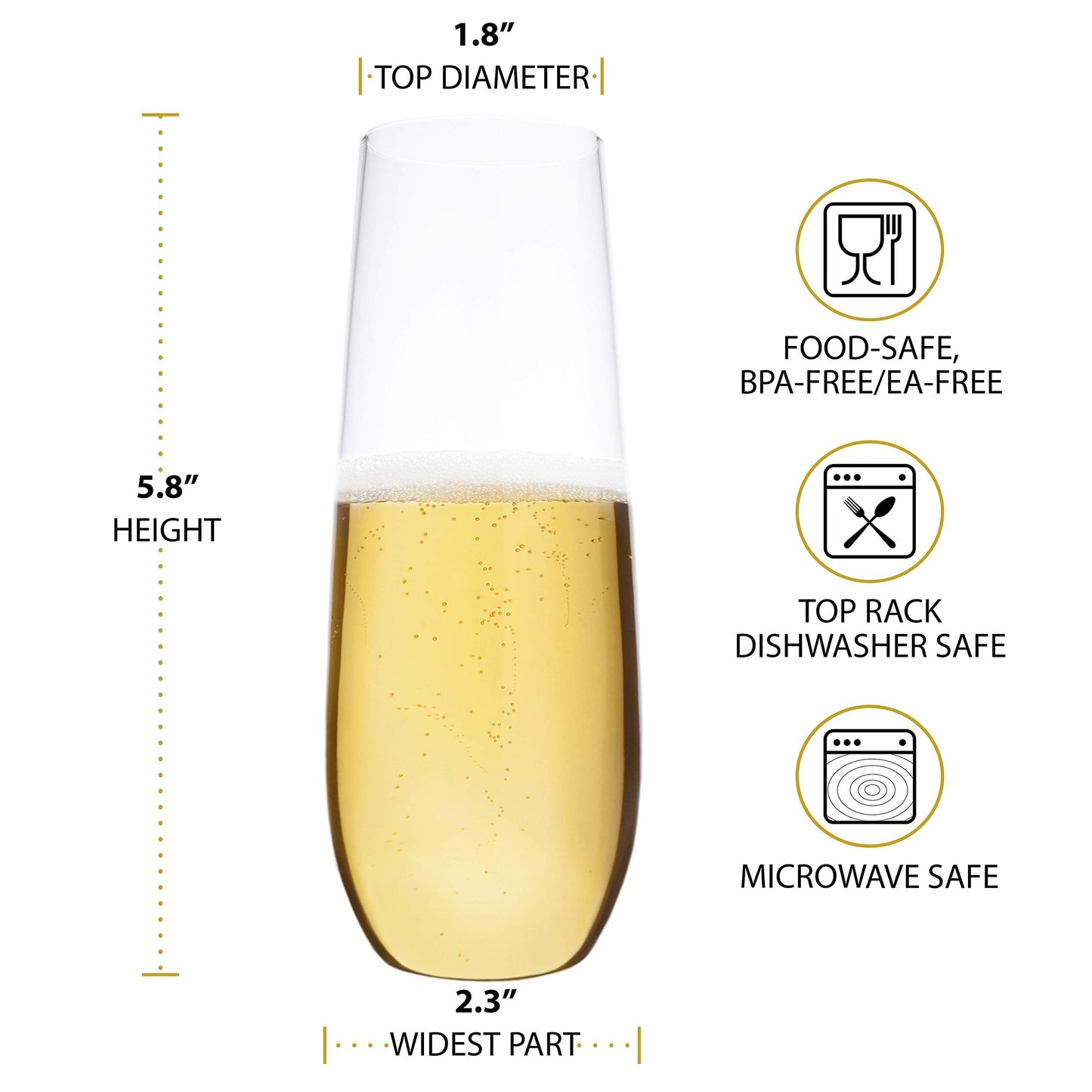 Bravario Unbreakable Stemless Plastic Champagne Flutes | Shatterproof 100% Tritan Plastic Glasses | Reusable | BPA-Free | 8.5 oz, Set of 8