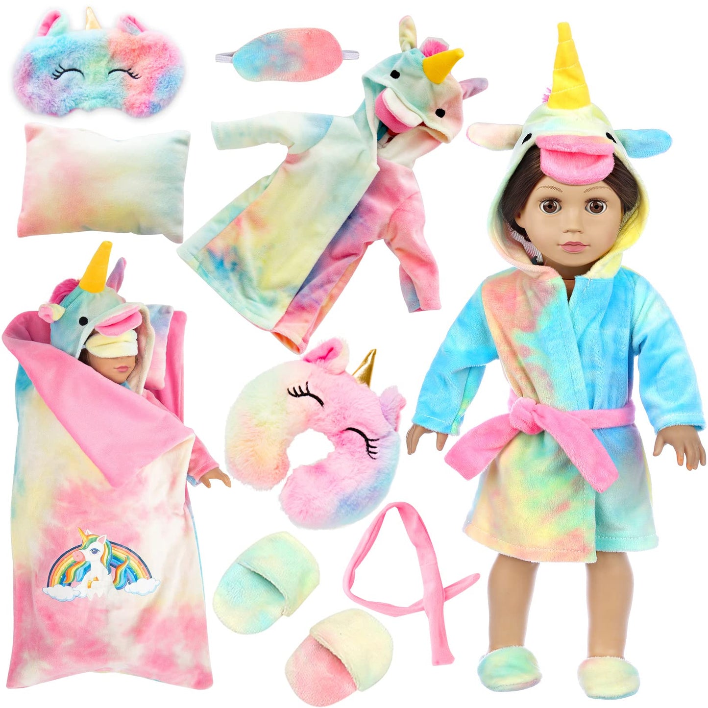 XFEYUE American 18 inch Doll Clothes and Doll Sleeping Bag Set - Rainbow Unicorn Doll Costume with Unicorn Style Sleeping Bag, Pillow, Eye Mask Slumber Party Accessories Fits 18 Inch Doll (No Doll)