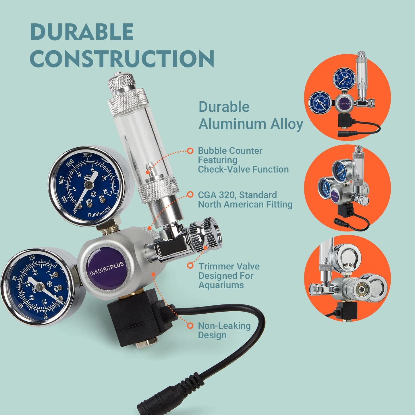 INKBIRDPLUS 12V DC CO2 Regulator with Dual Gauges, Bubble Counter with Check Valve and Solenoid Valve with Non-Leaking Design for Aquarium, Planting, Brewing