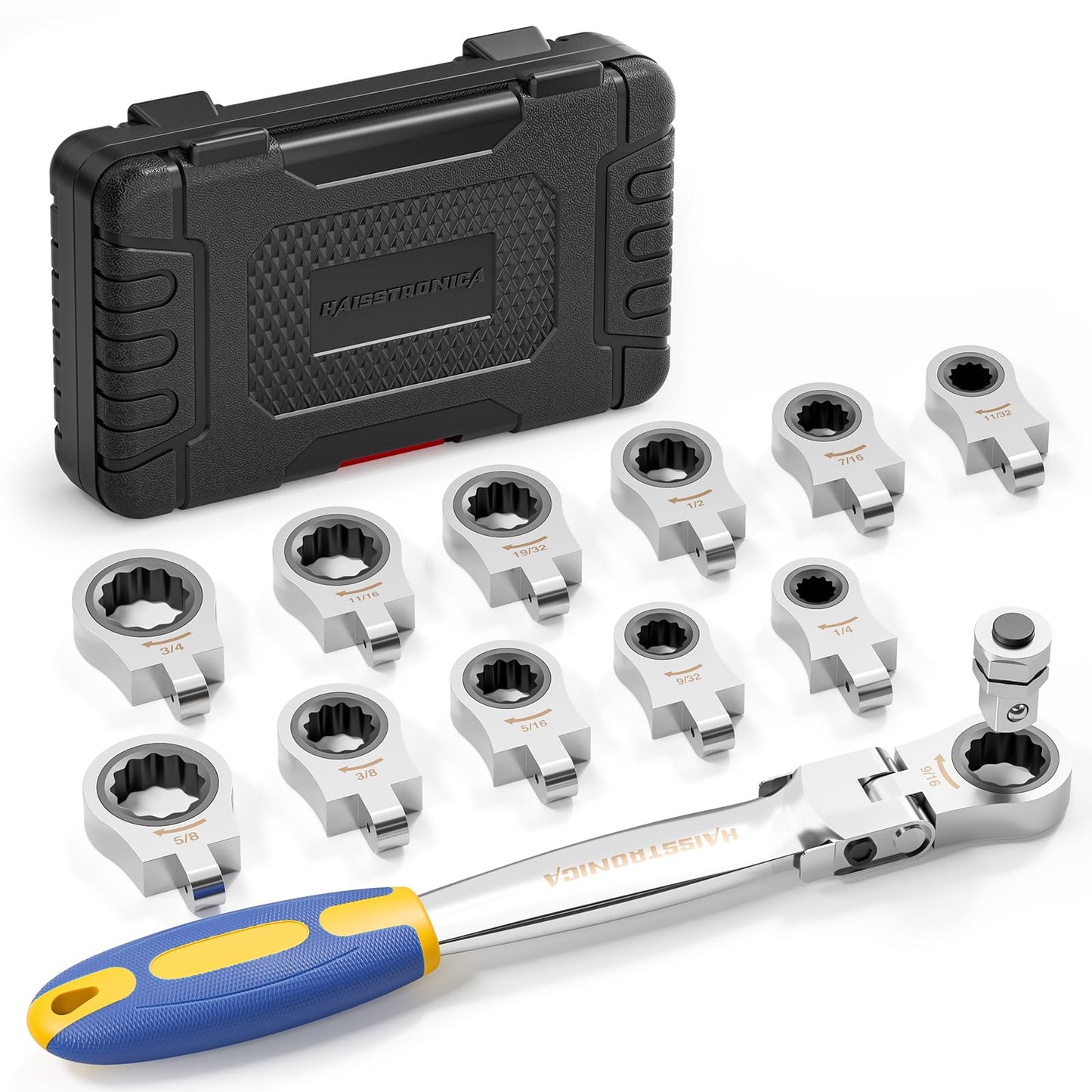 haisstronica 13pcs Flex-Head Ratcheting Combination Wrench Set with 3/8 in Adapter, SAE 1/4-3/4 inch Ratchet Wrench Tool for Auto, Tools for Men Gift