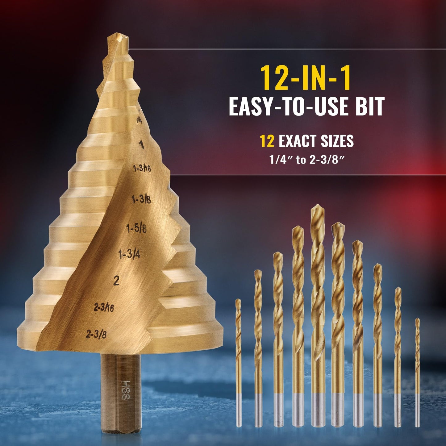 ZELCAN Large HSS Spiral Groove Step Drill Bit, 12 Sizes Titanium High Speed Steel 1/4" to 2-3/8" Drill Bit for Sheet Aluminium Metal Wood Hole Drilling, Big Multiple Hole Stepped Up Bit for DIY Lovers