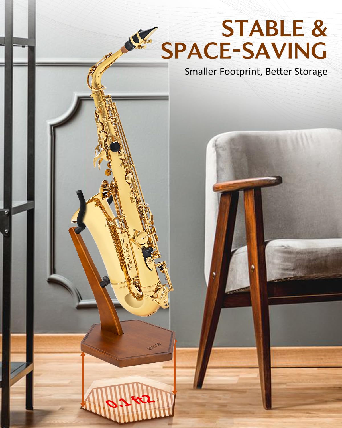 STRICH Wooden Saxophone Stand Display For Alto Tenor Sax, Handmade Solid Wood Floor Stand Holder Colour Walnut, Weighted Heavy Base (FH-4, Sax)