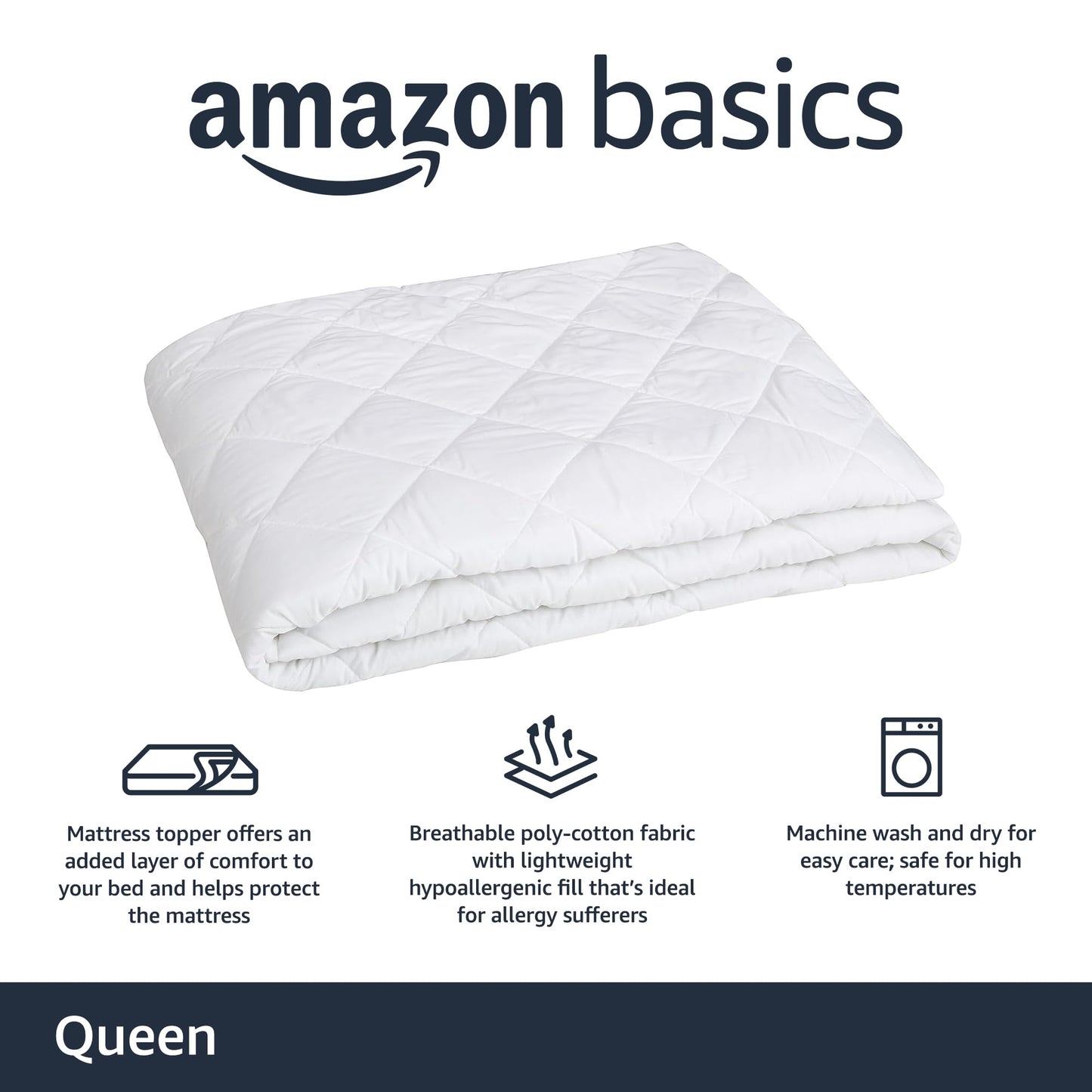 Amazon Basics Hypoallergenic Quilted Plush and Breathable Mattress Topper Pad, 18 Inches Deep, Queen, White
