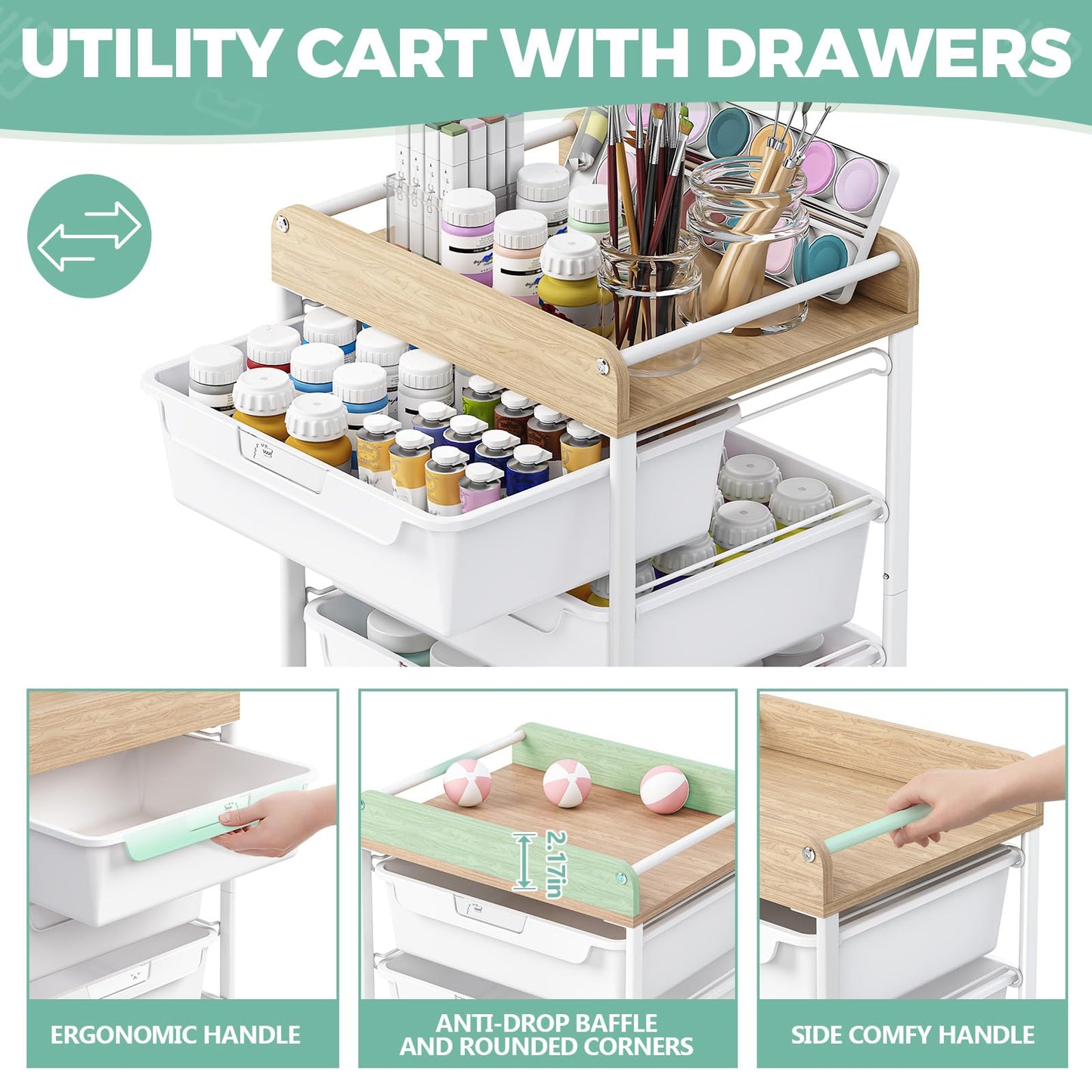 SYKIARIOL 4 Drawer Rolling Utility Cart with Wooden Top and Handle, Craft Storage Cart with Lockable Wheels, Multi-Purpose Organizer Drawer Cart for Home Office Bedroom Classroom，White