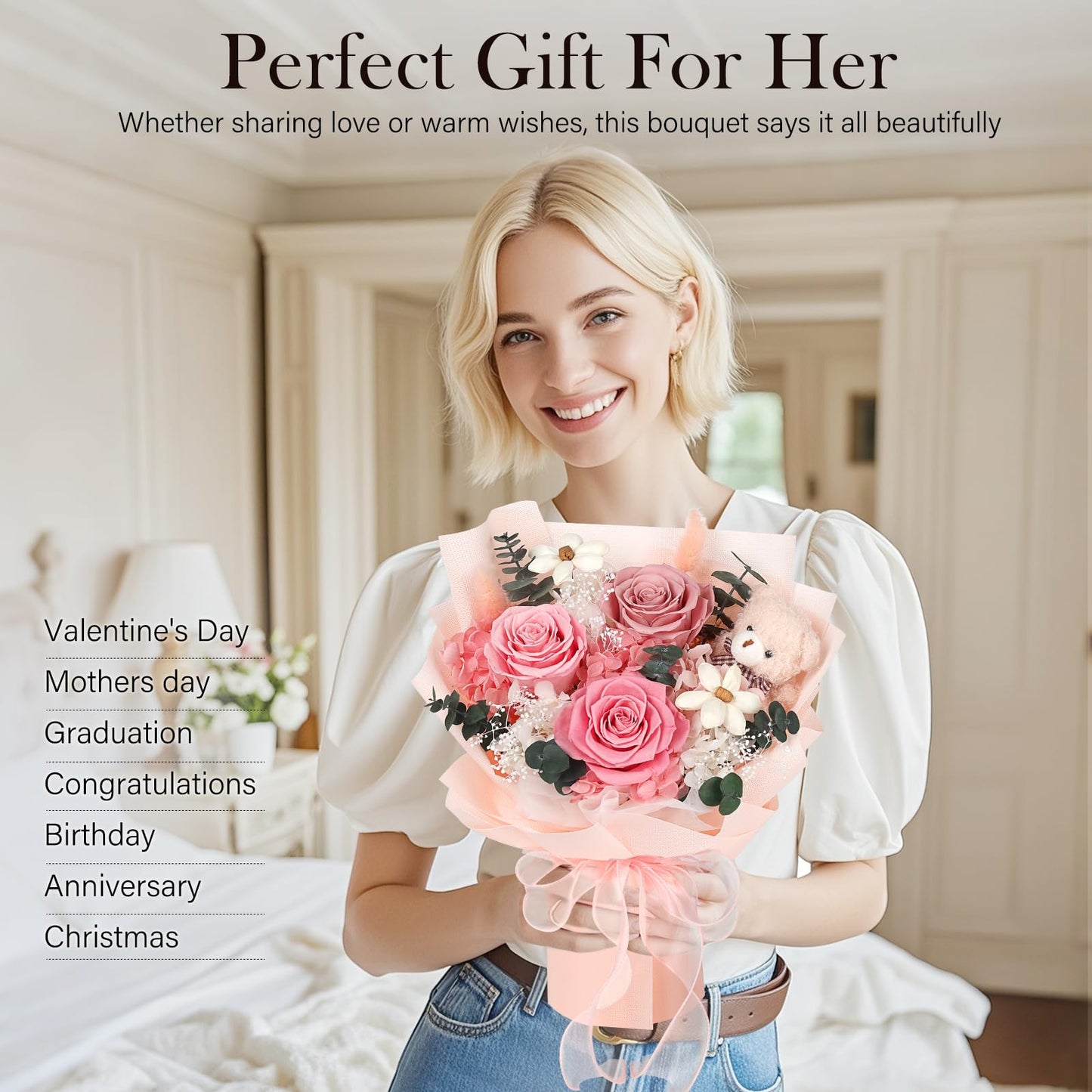 Preserved Flowers Bouquet with Bear, 3 Real Forever Flowers for Delivery, Long-Lasting Pink Eteranl Roses Bouquet, Anniversary Birthday Graduation Gifts for Women Girlfriend Her Mom Grandma
