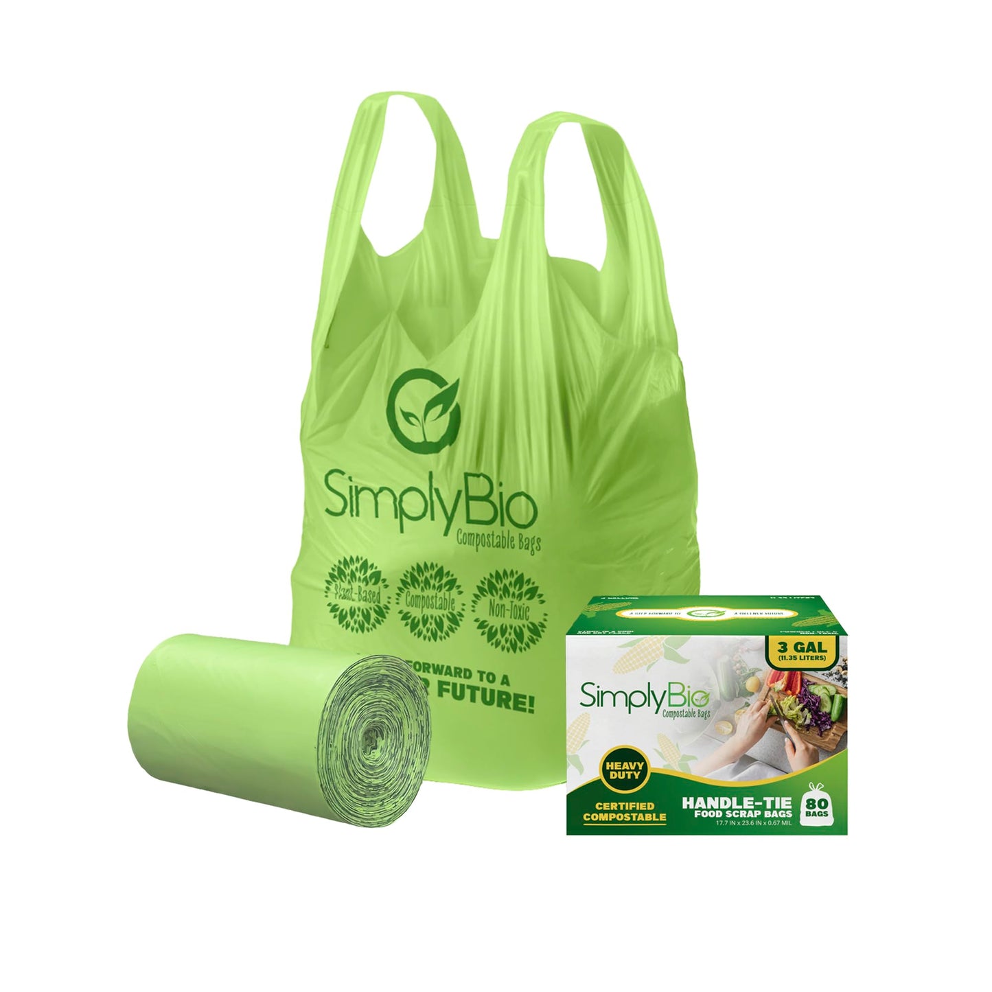 Simply Bio Compostable Trash Bag with Handle, 80 Count, Thick 0.67 Mil, 3 Gallon, 11.36 Liter, Small Kitchen Food Scrap Trash Bags, ASTM D6400, US BPI and Europe OK Compost Home Certified