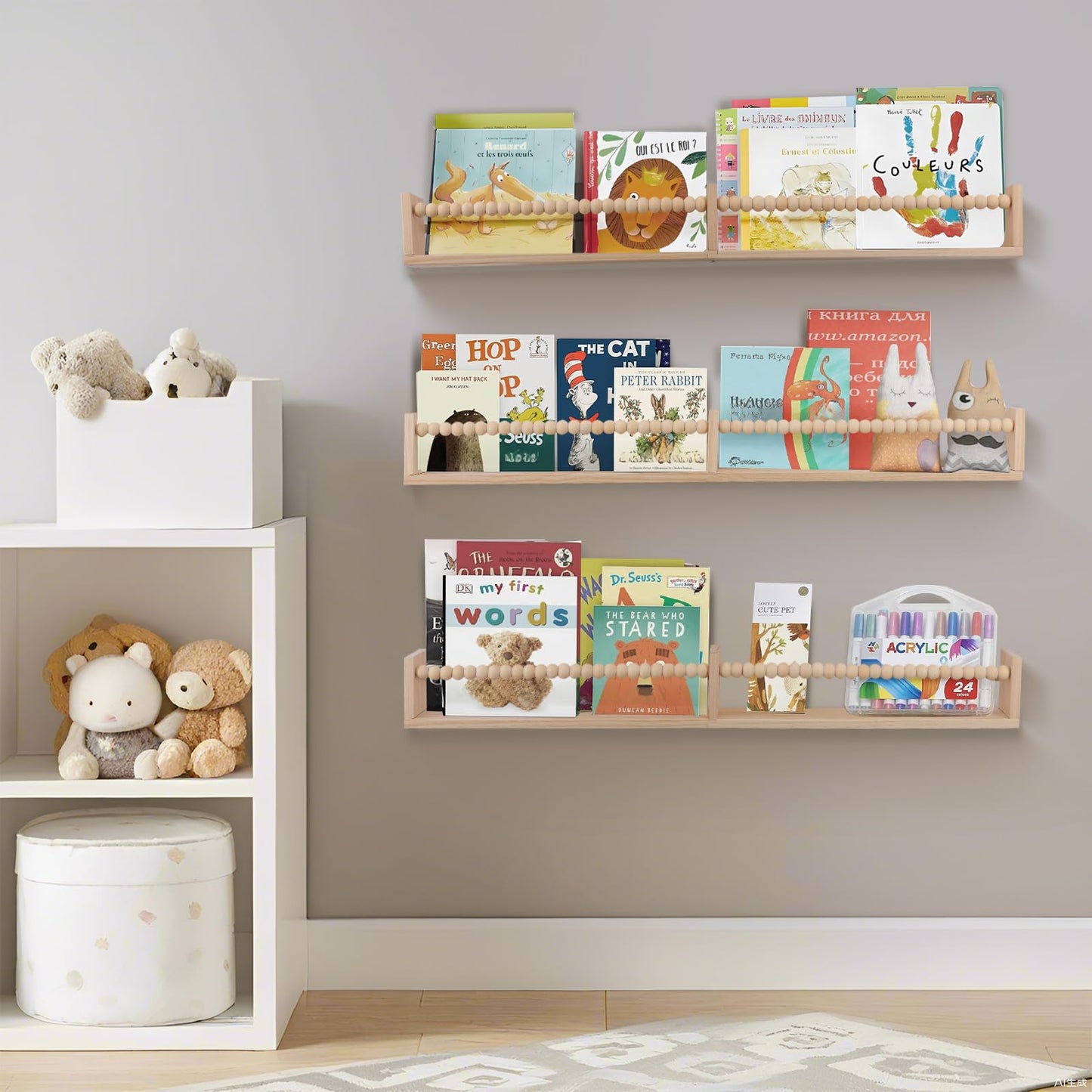 birola Nursery Book Shelves for Kids Rooms - 32 Inches Floating Wall Bookshelves Set of 3, Space-Saving Nursery Shelves with Beads Design for Kids Room, Bedroom and Study Room(Natural)