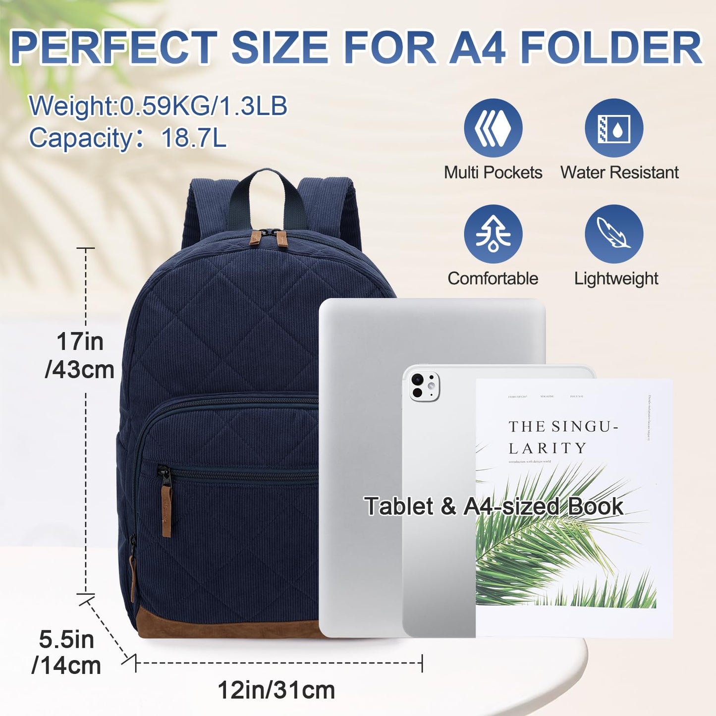 VX VONXURY Corduroy Backpack for Teens，Lightweight 15.6 inch Bookbag for Girls Boys Casual School bag for Men Women