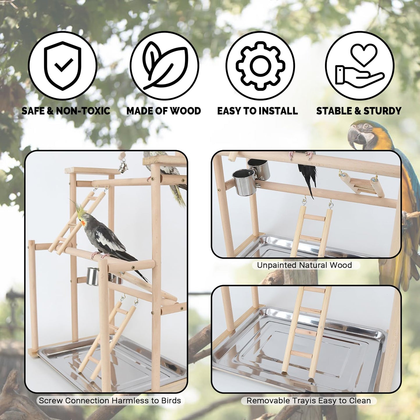 RoseFlower Wooden Bird Playground, Parrot Playstand with Perches, Ladder, Swing, Feeder Cups, Tray for Conure, Parakeets, Budgie, Cockatiels, Lovebirds