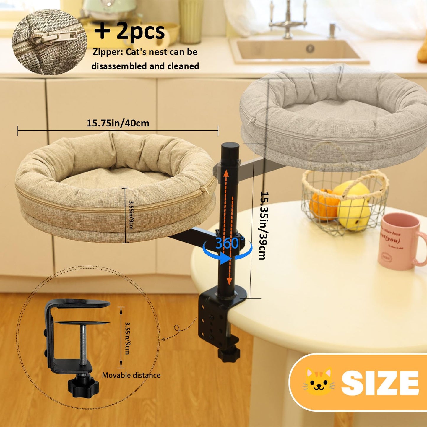 ZBUQ Adjustable Cat Bed Hammock for Desk, Under Desk Pet Resting Cradle, Indoor Cat Sleeping Lounger