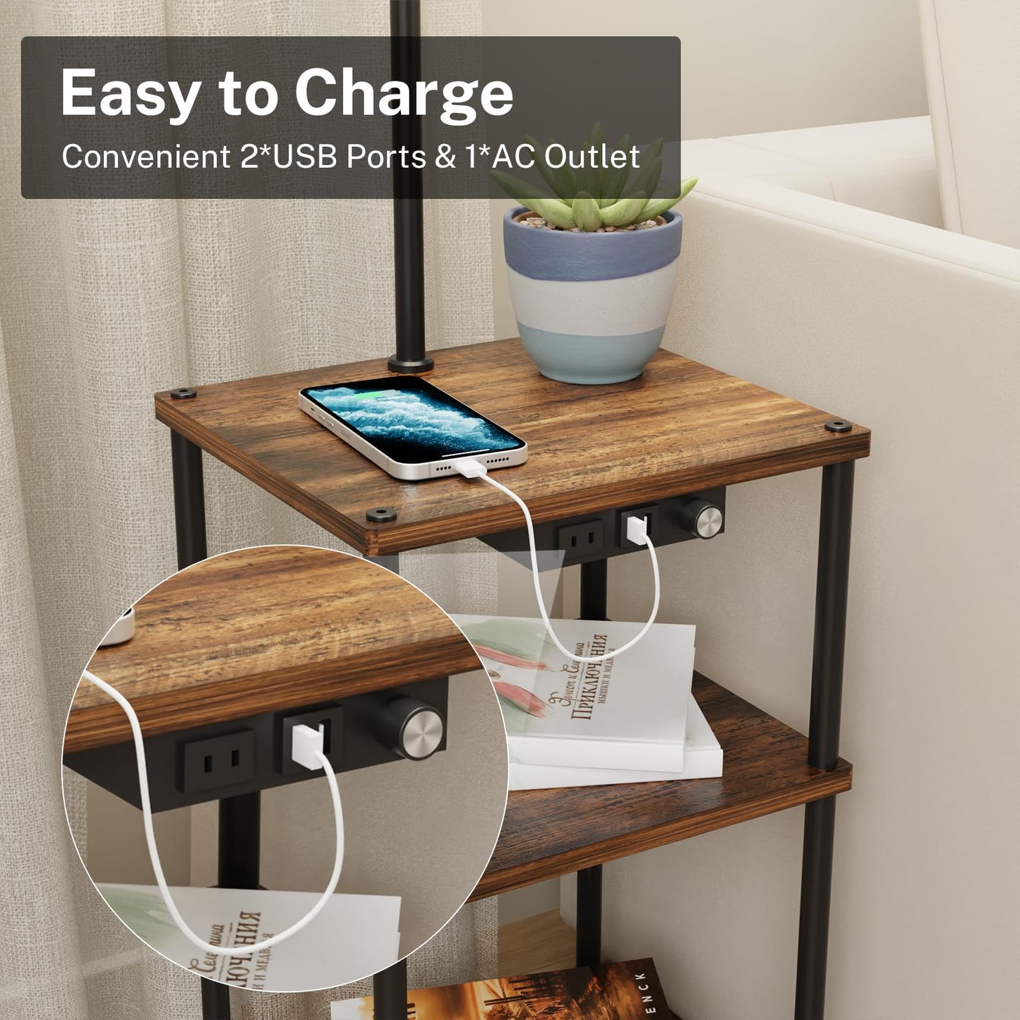 Pazarfami Floor Lamp with Table,Foor Lamp with Shelves,Side Table with USB Charging Port and Outlet,Modern Bedside Nightstand End Table with Lamp for Living Room,Bedroom,Guest Room,Bulb Included