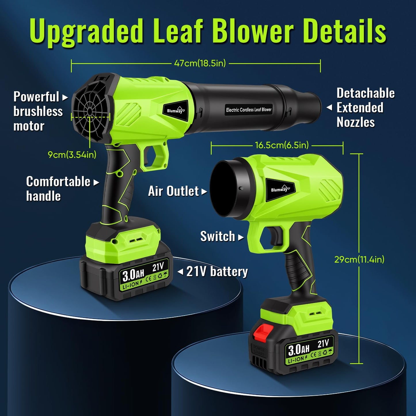 Blumway Leaf Blower Cordless with Battery, 21V Handheld Leaf Blower with 3 Extended Nozzles, Electric Leaf Blowers with 2 Pcs 3.0Ah Batteries, Portable Leaf Blowers for Lawn Care, Leaves,Dust, Car