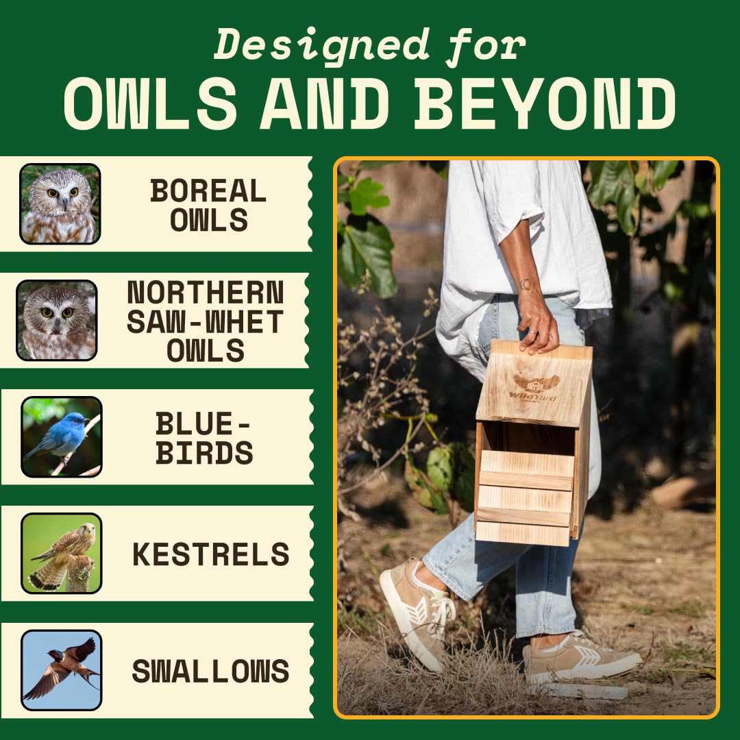 WildYard Owl Nesting Box - Cedar Wood - Preassembled Barn Owl Nesting Box with Screws - Durable Cedar Construction Birdhouses Outdoors - Large Front Door Easy Cleaning Wooden Birdhouse
