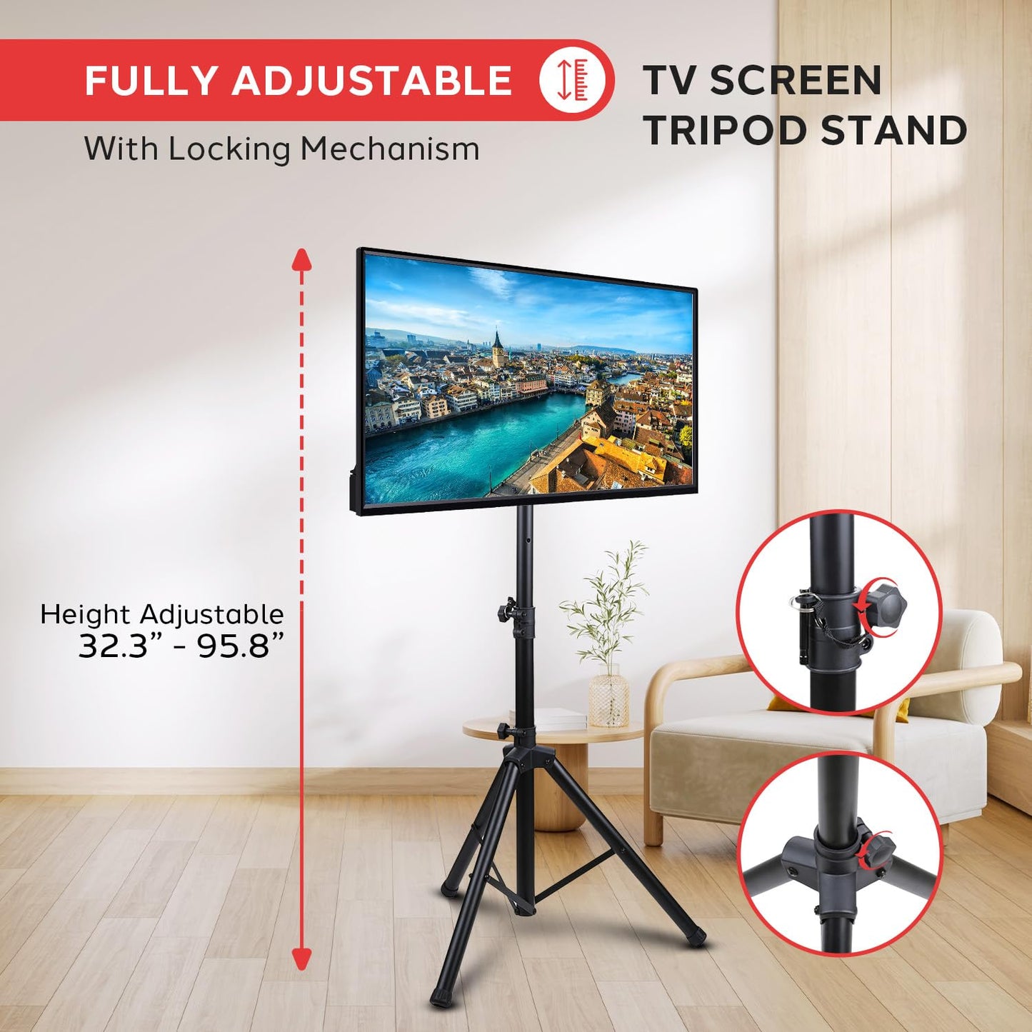 PYLE TV Stand with Mount, Tripod TV Stand, Portable Monitor Floor Stand- for LCD & LED Flat Screen TV Up to 32”, Universal VESA Mount Compatible, Adjustable Height, 360° Tilt- Weight Capacity 89 lbs.