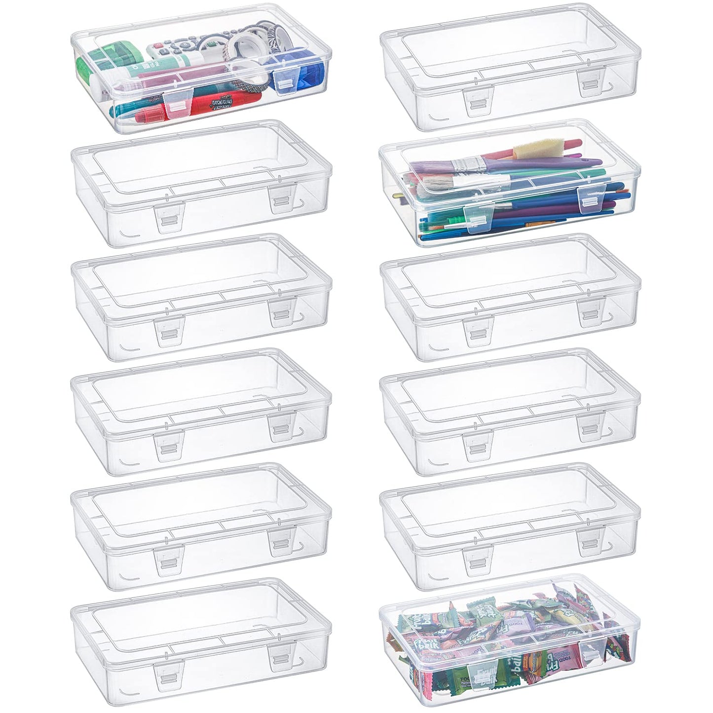 Kingrol 12 Pack Clear Plastic Storage Containers with Lids, 8 x 5 x 1.75 Inch Empty Hinged Boxes, Stackable Organizer Boxes for Home, Office, Craft Supplies