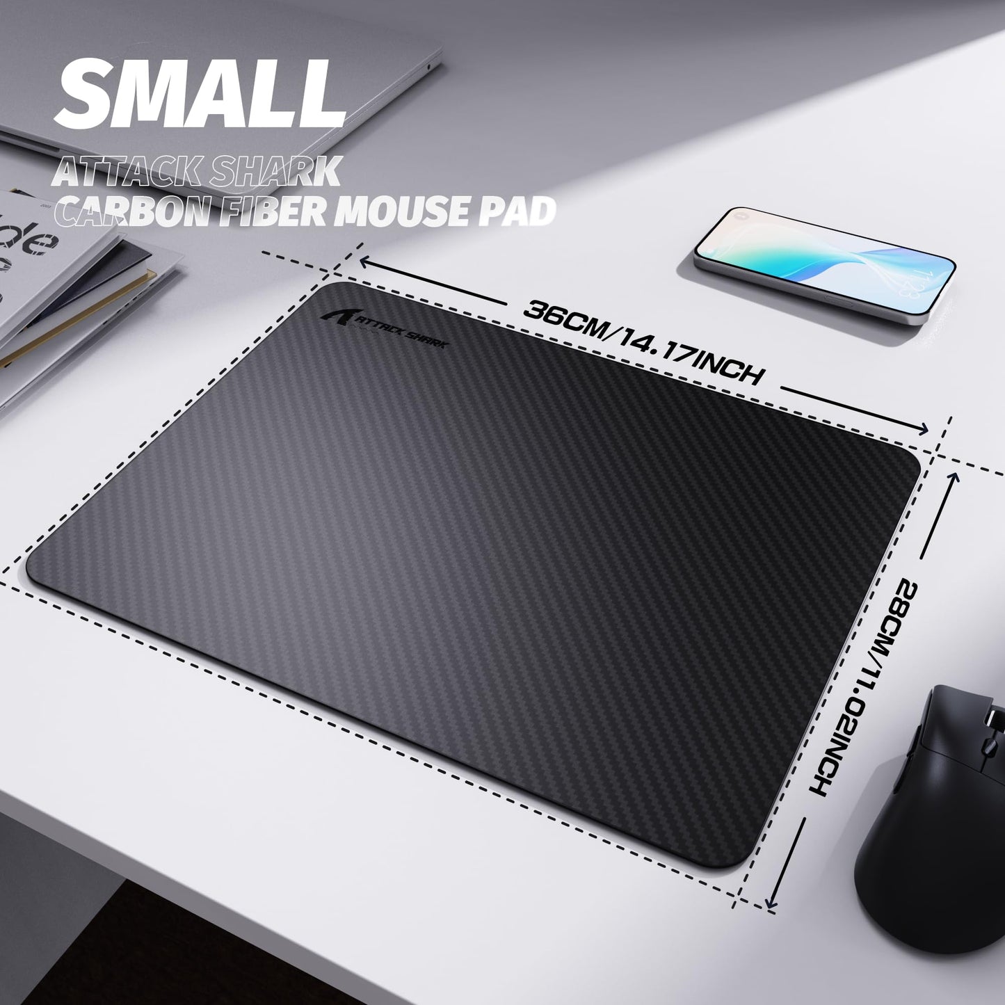 ATTACK SHARK CM04 Carbon Fiber Gaming Mouse Pad,Esports Mouse Mat G240,Durable Non-Slip Natural Rubber Base,High Temperature Resistant & Waterproof Desk Mat for Gamer/Desktop/Office/Home(360x280mm)