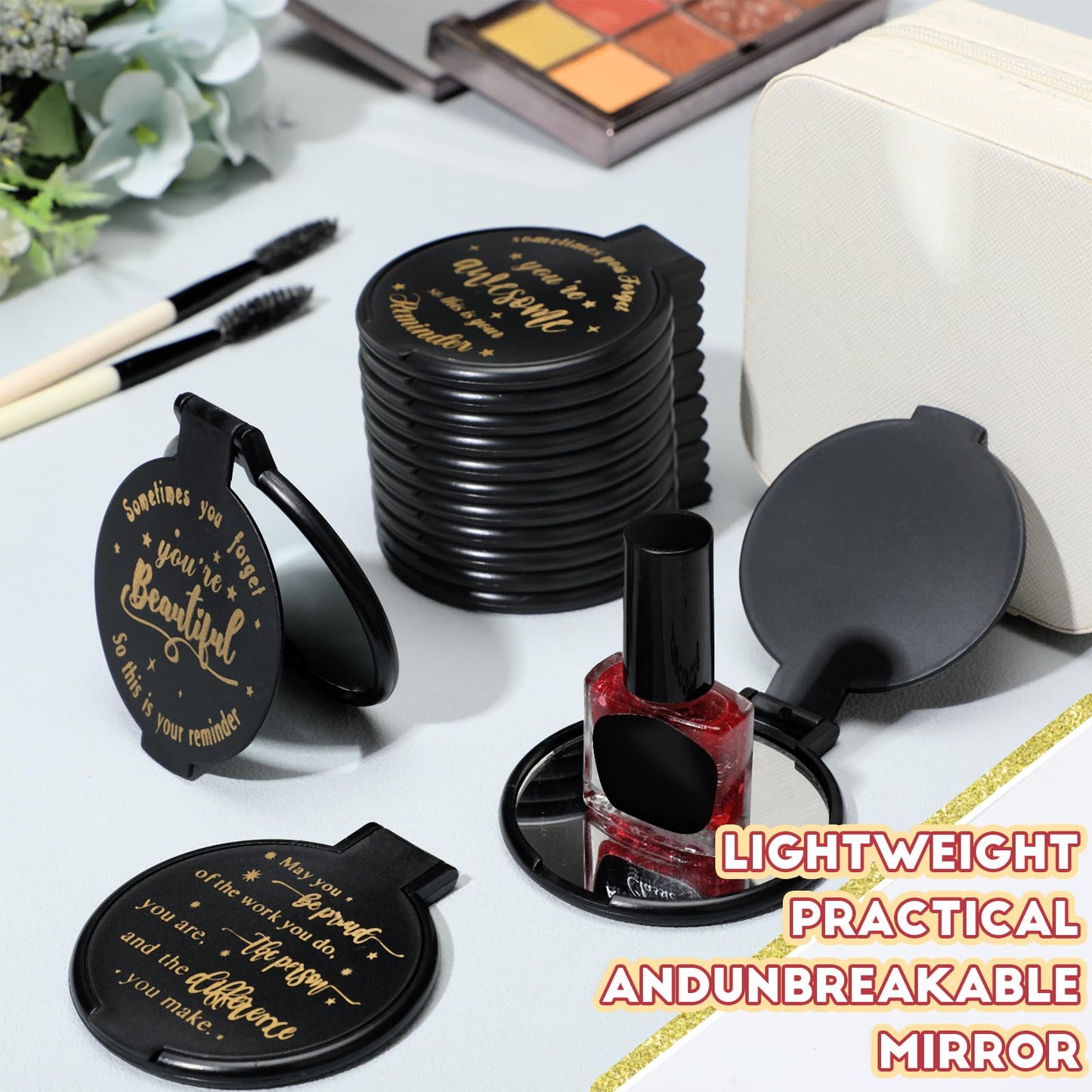 Wenqik 100 Pcs Inspirational Gifts Bulk for Women, Small Pocket Compact Mirrors Bulk with Positive Saying, Motivational Appreciation Gift for Employee Staff Coworker Women's Birthday Party (Black)