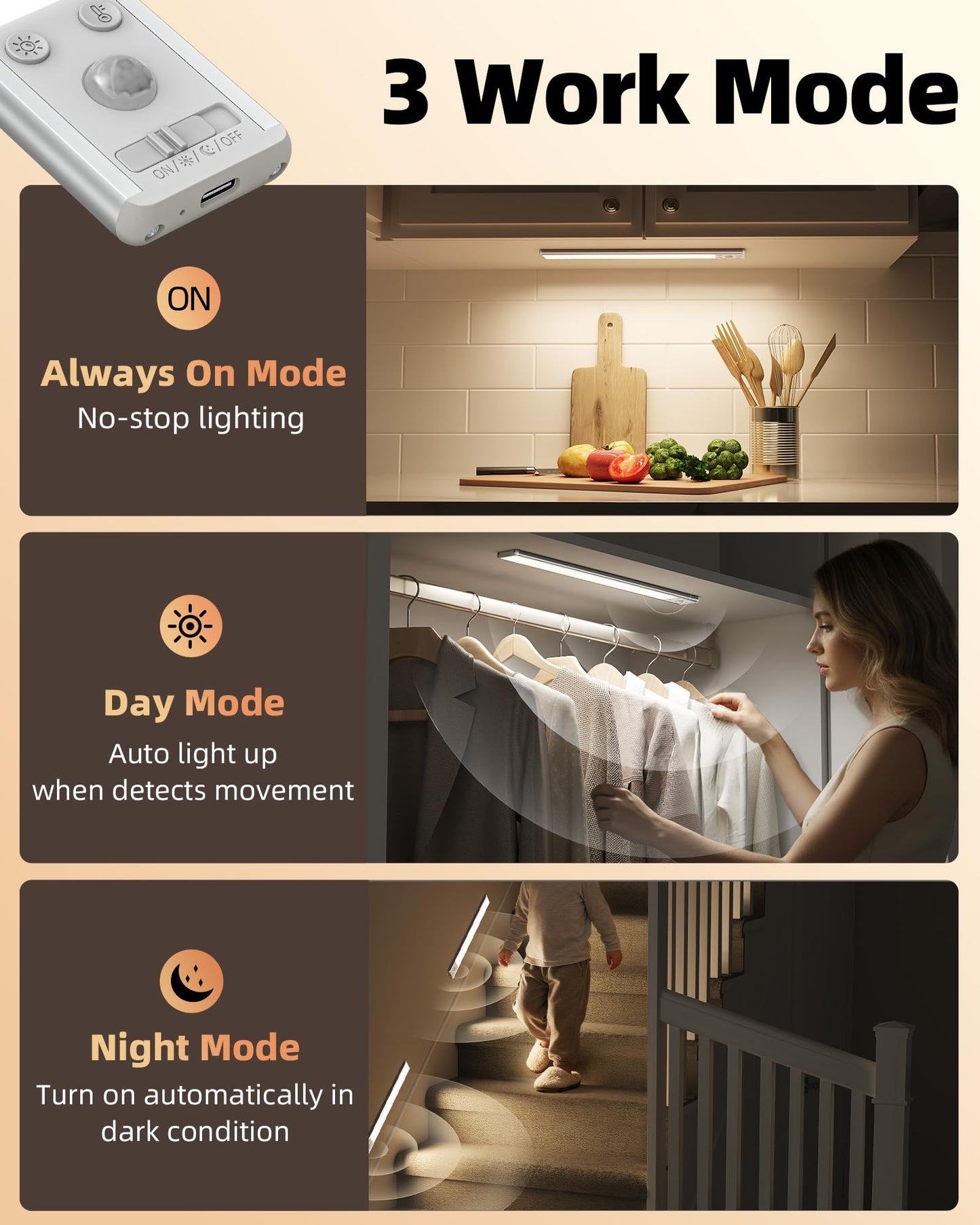 EZVALO Under Cabinet Lighting, 4000mAh Rechargeable Motion Sensor Light Indoor, Dimmable Magnetic Closet Lights with 3 Color Temps, Wireless Under Counter Lights for Kitchen, Stairs (2 Pack-14.5inch)