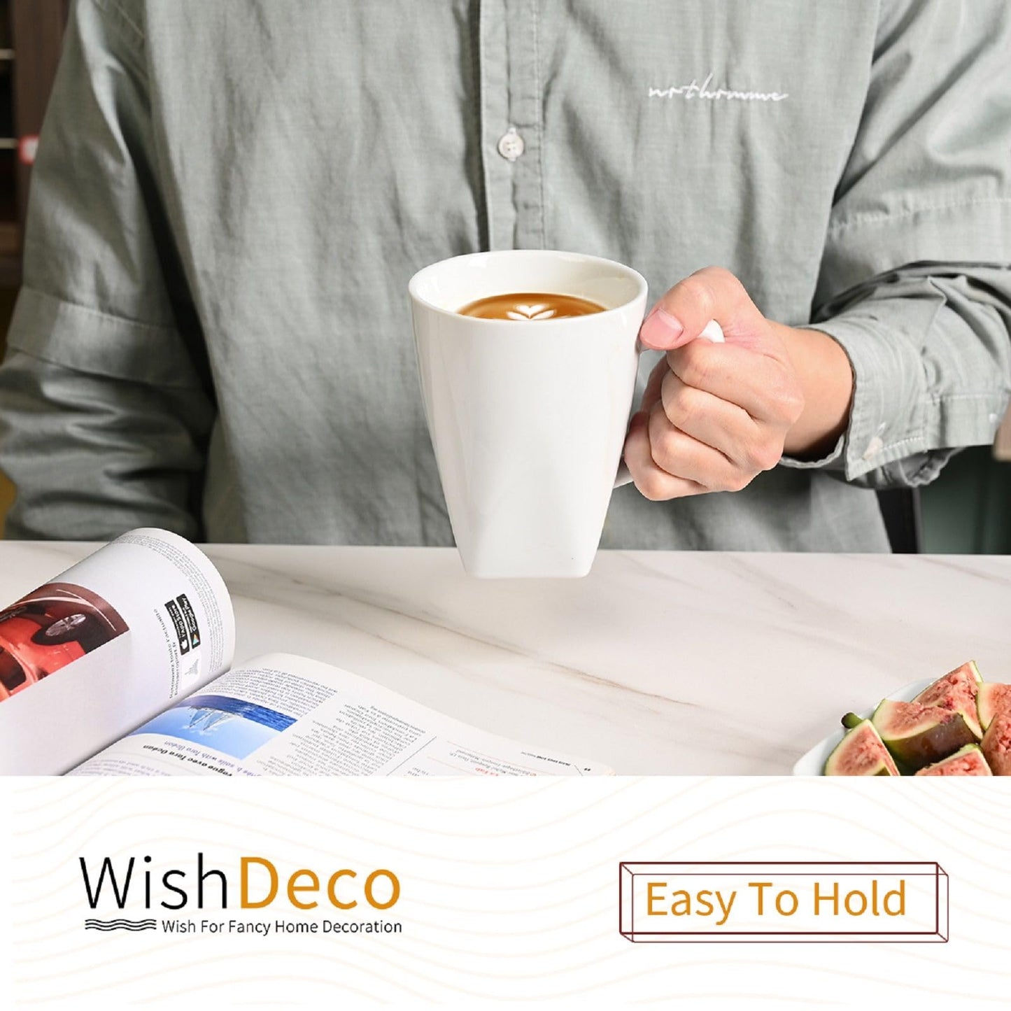 WishDeco White Coffee Mugs Set of 6, Ceramic Coffee Cups 14 oz / 400 ml, Modern Tea Mugs, Porcelain Tea Cups, Large Mug for Latte, Cappuccino, Milk, Juice, Square Bottom, Microwave and Dishwasher Safe