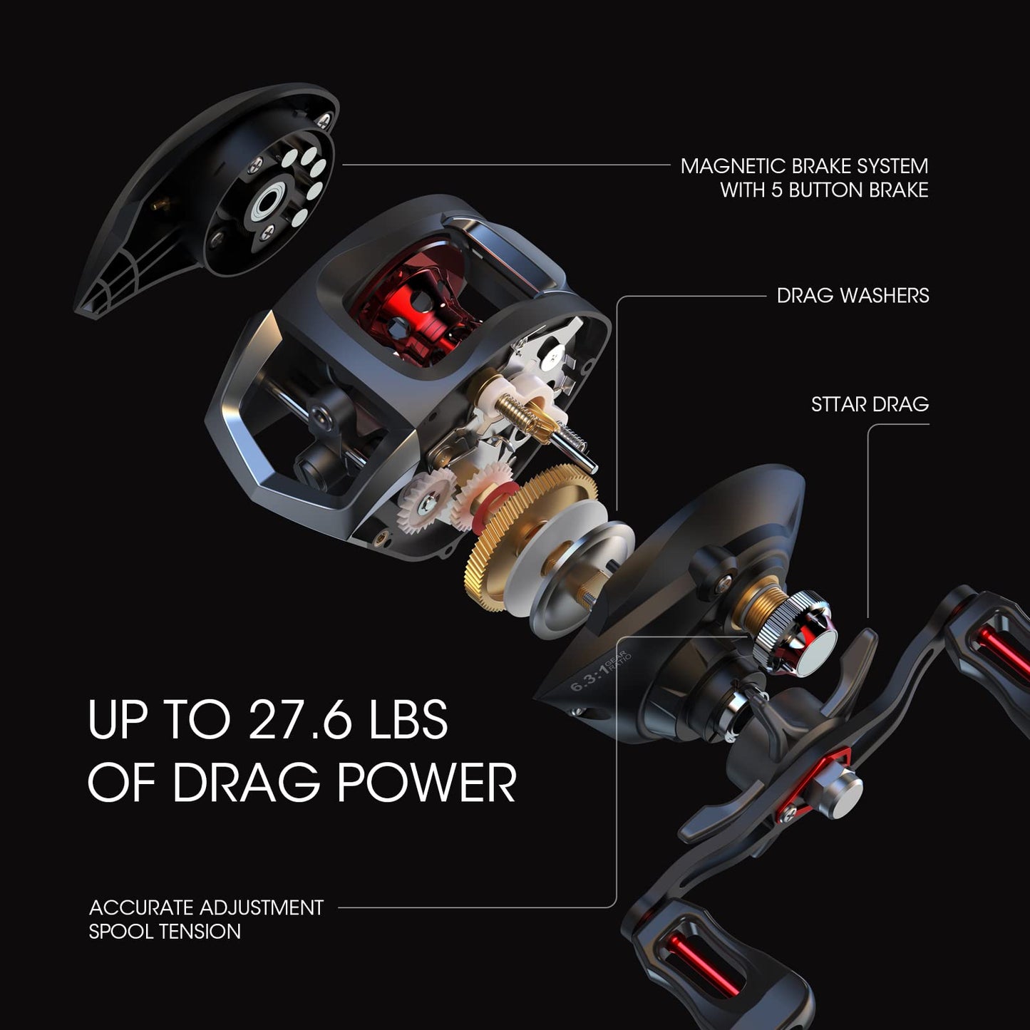 Lixada Baitcaster Fishing Reel Compact Baitcaster Reel Smooth Fishing Reel with 27.6LB Carbon Fiber Drag 12+1Ball Bearings 6.3:1 Gear Ratio High Speed for Saltwater Freshwater Fishing