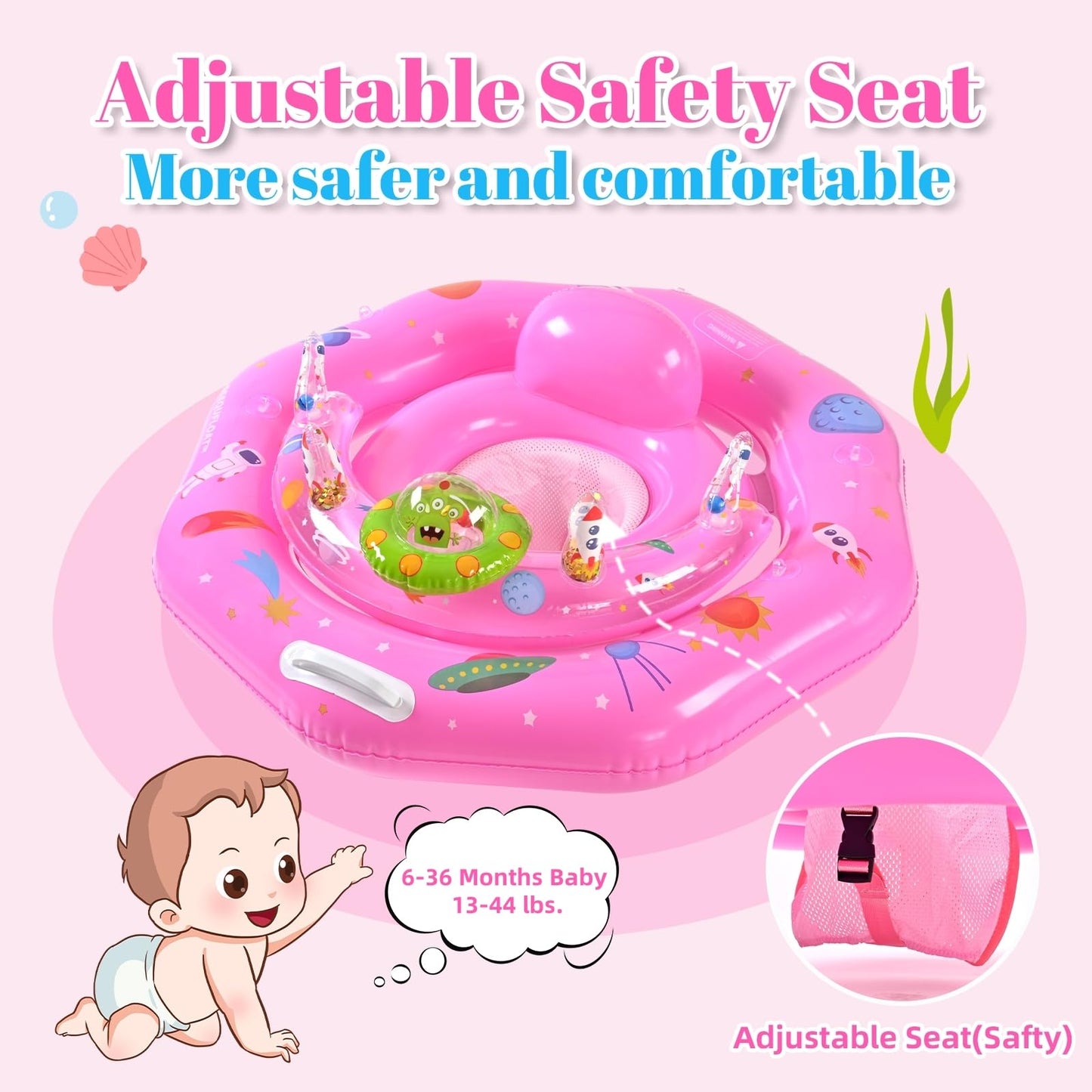 Baby Pool Float for 6-36 Months | Extra Wide Infant Pool Float with UPF50+ Sunshade & Toy Play Console | Baby Floatie with Adjustable Safety Seat, Detachable Canopy, Secure Handle & Safety Leash