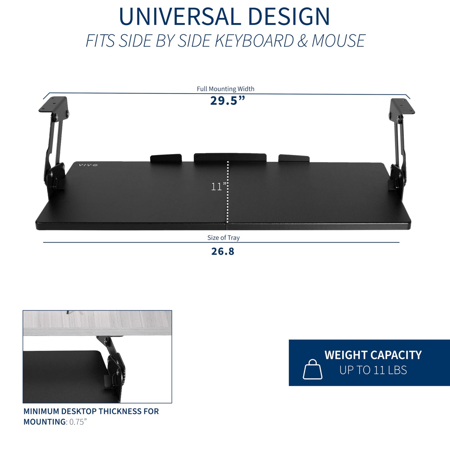 VIVO Large Under Desk 27 x 11 inch Computer Keyboard and Mouse Tray with Swinging Height Adjustment, 12 Settings, Platform Drawer for Typing, Holds 11 lbs, Black, MOUNT-KB08S