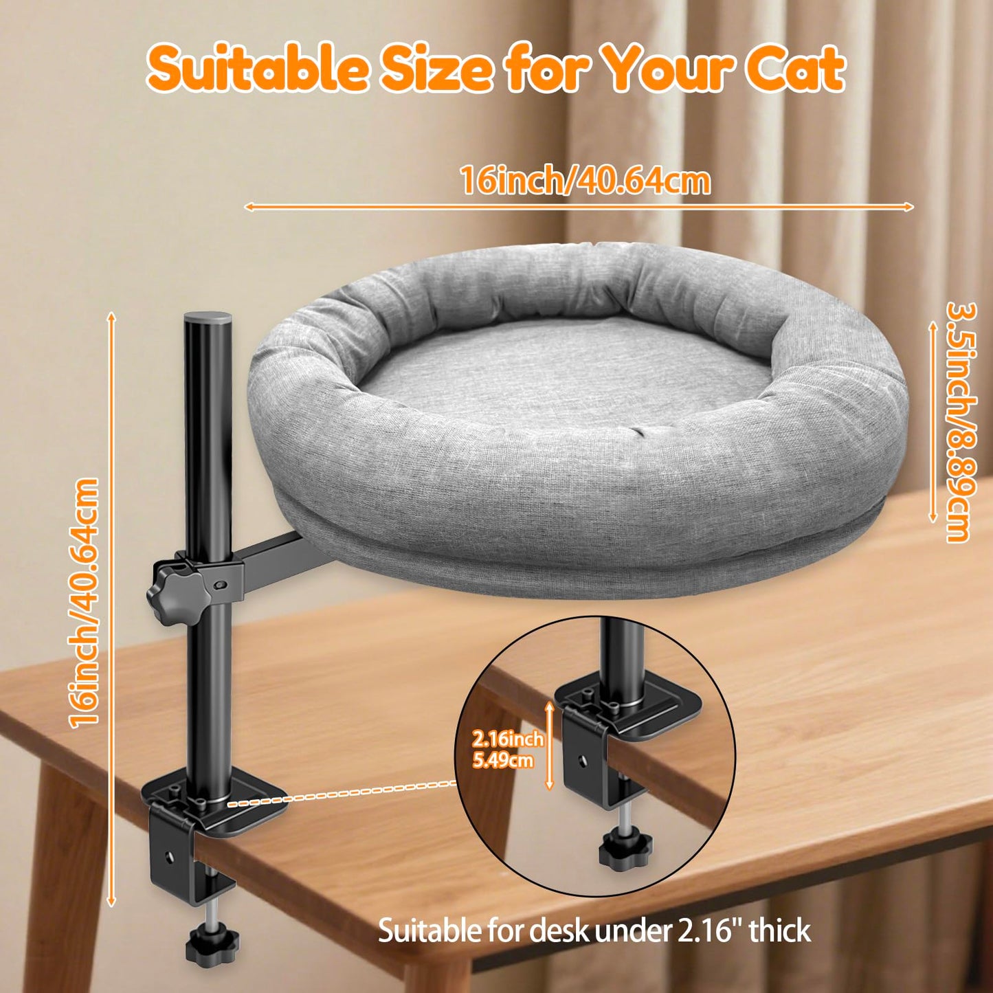 Homegroove Cat Desk Bed, Cat Bed for Desk with 360° Rotation & Height Adjustable, Cat Desk Perch with Soft Cushion, Sturdy Steel Frame, Supports Up to 40 lbs, Easy Installation (Grey)