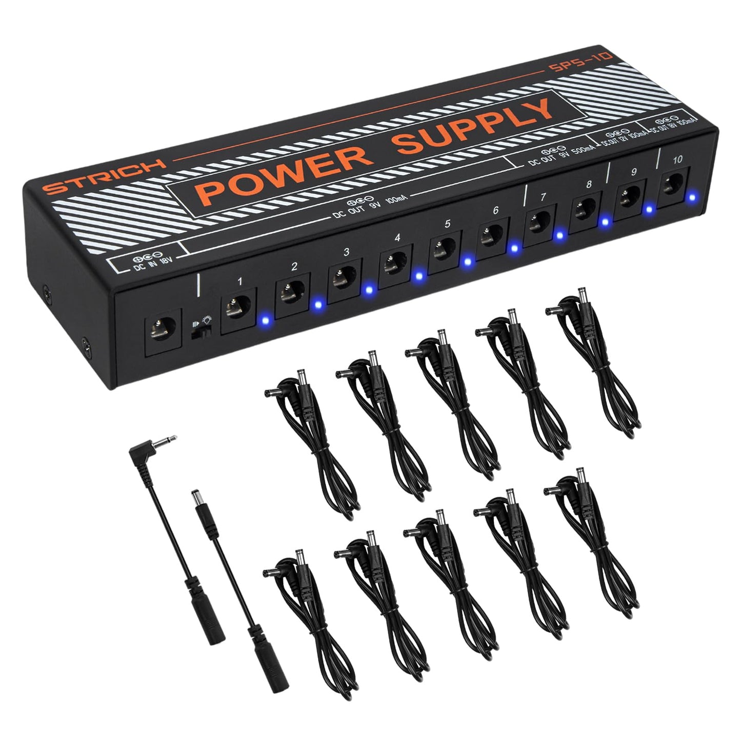STRICH Guitar Pedal Power Supply, 10 Isolated DC Output for 9V/12V/18V Effect Pedal, 100mA 500mA Pedalboard Power Supply with Short Circuit Protection, Noise Reduction Circuit Design, SPS-10