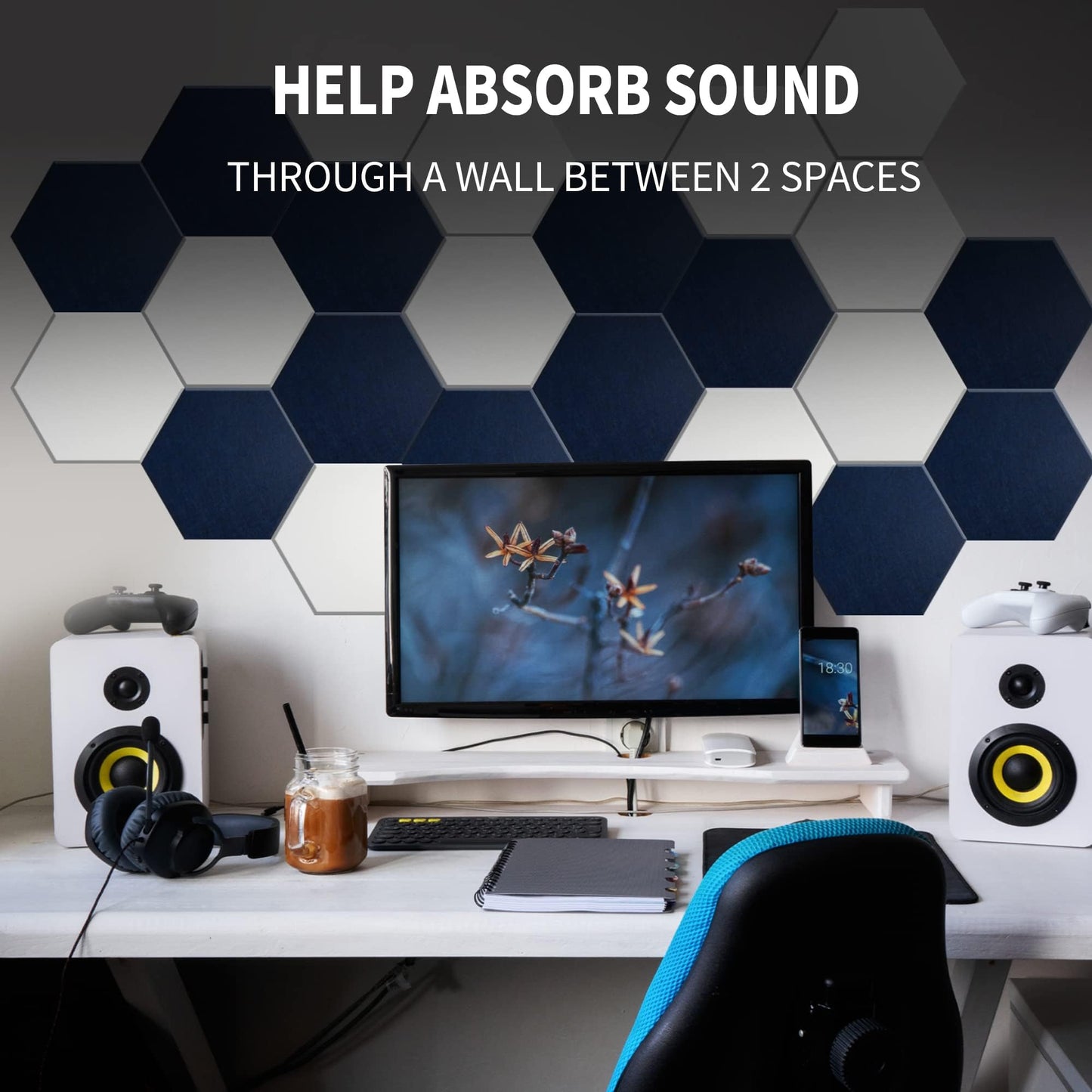 Mollywell Hexagon Acoustic Panels 14x12 - Reduce Echo & Reverb, Noise Blocking Wall Tiles for Living Room & Studio, Afraica & Moon Gray Sound Absorbing Panels