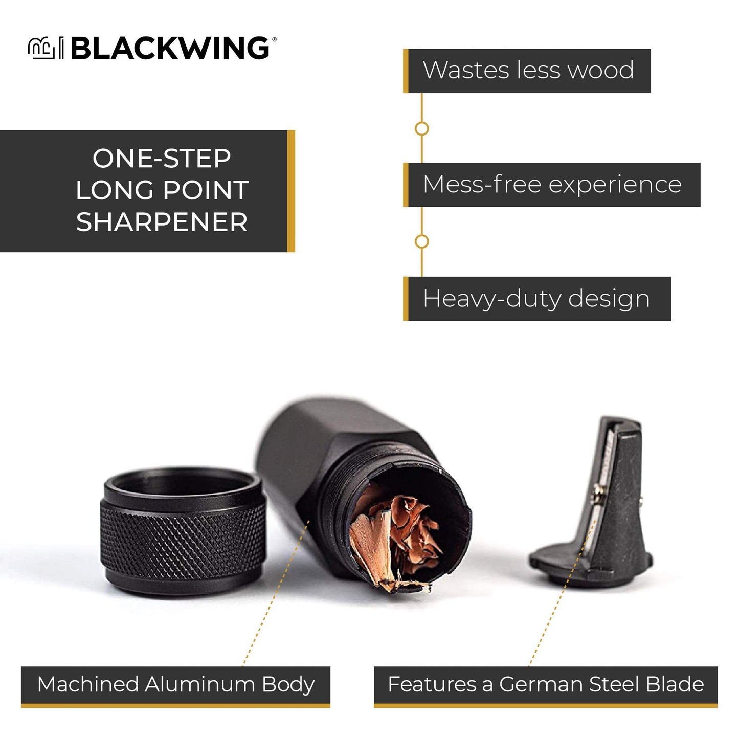 Blackwing One-Step Long Point Sharpener, German Steel Blade, Machined Aluminum, Compact Design, Black