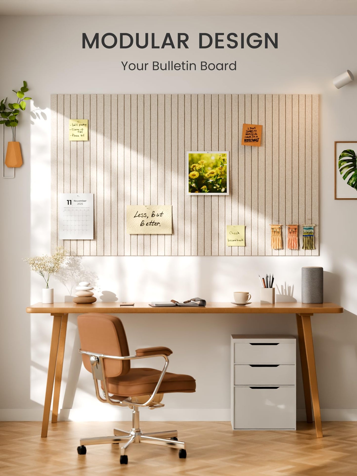 Large Cork Board Alternative - Slat Wall Paneling, Felt Bulletin Board Tiles for Office Decor, Push pin Board Office Wall Organizer -8 Vertical Stripes-12-Pack-Oatmeal