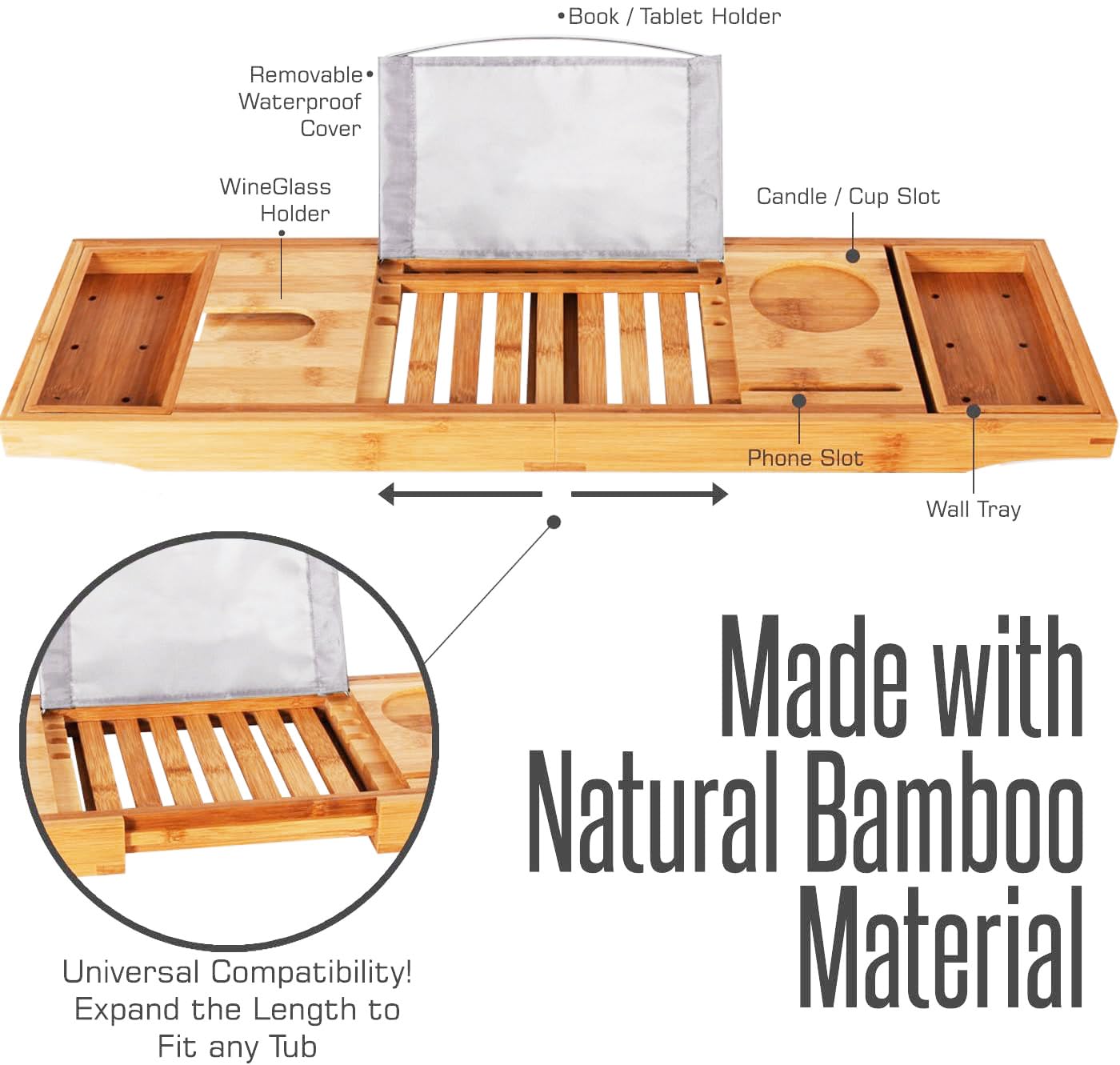 Bamboo Bathtub Caddy Tray, Bath Tub Tray with 12-in-1 Features Adjustable Bathtub Table, Non-Slip and Holds Books/Tablets/Cell Phone/Towels/Foods/Wineglass/Soap Dish (Double Box)