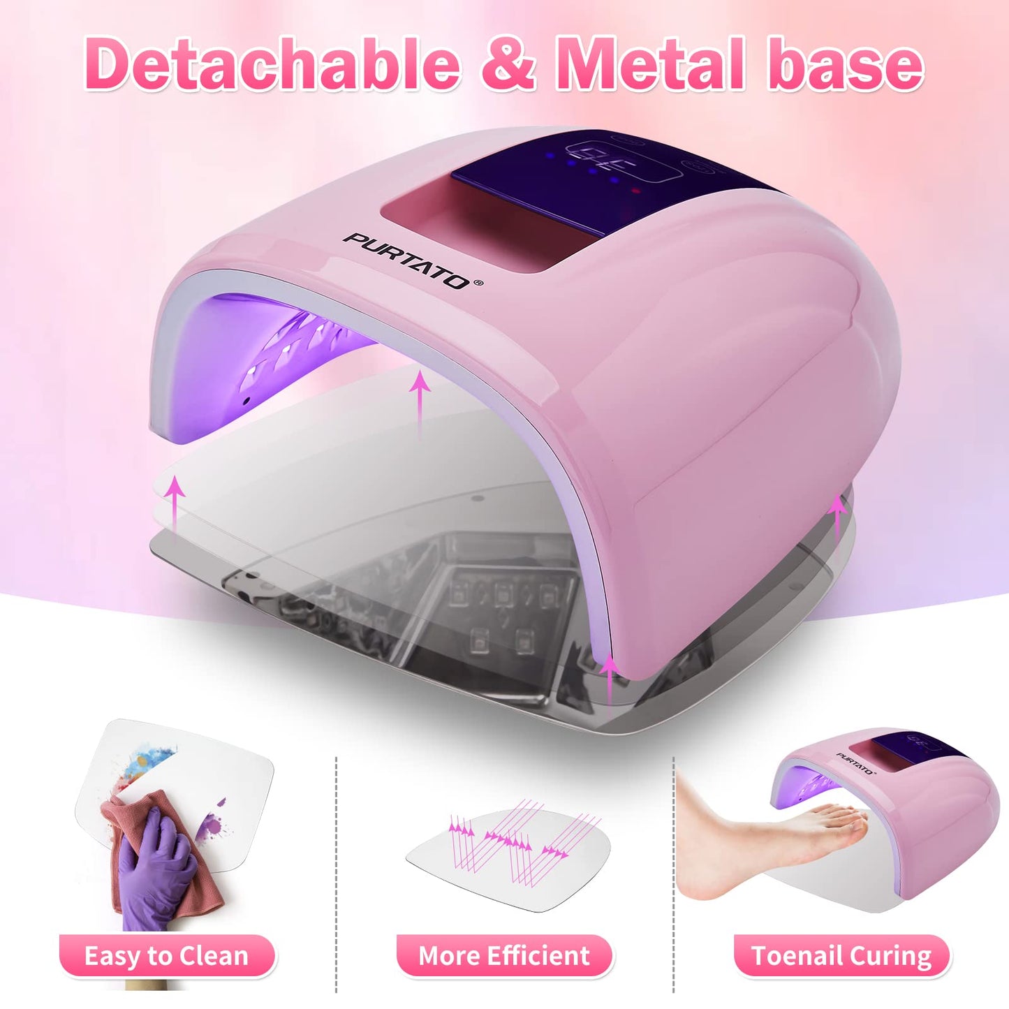 Purtato Professional Salon Rechargeable 90W UV LED Cordless Nail Lamp,45 lamp Beads Long Battery Life,Removable Stainless Steel Bottom, No Black Hands Nail Dryer (Pink)