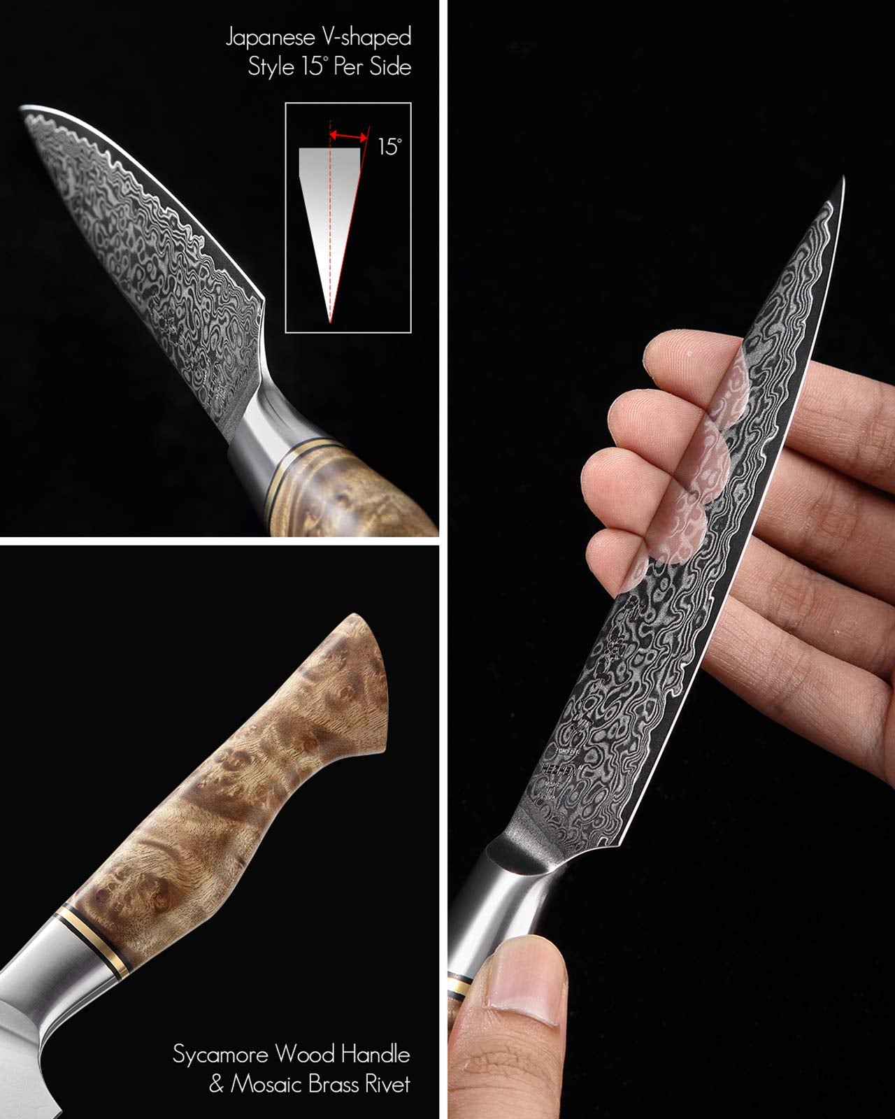 HEZHEN 5 inch Utility Knife Kitchen with Razor Sharp- Damascus Steel with Rose Pattern Multifunctional VG10 Professional Paring-Fruit Knife- Master Series Ergonomic Figured Sycamore Wood Handle